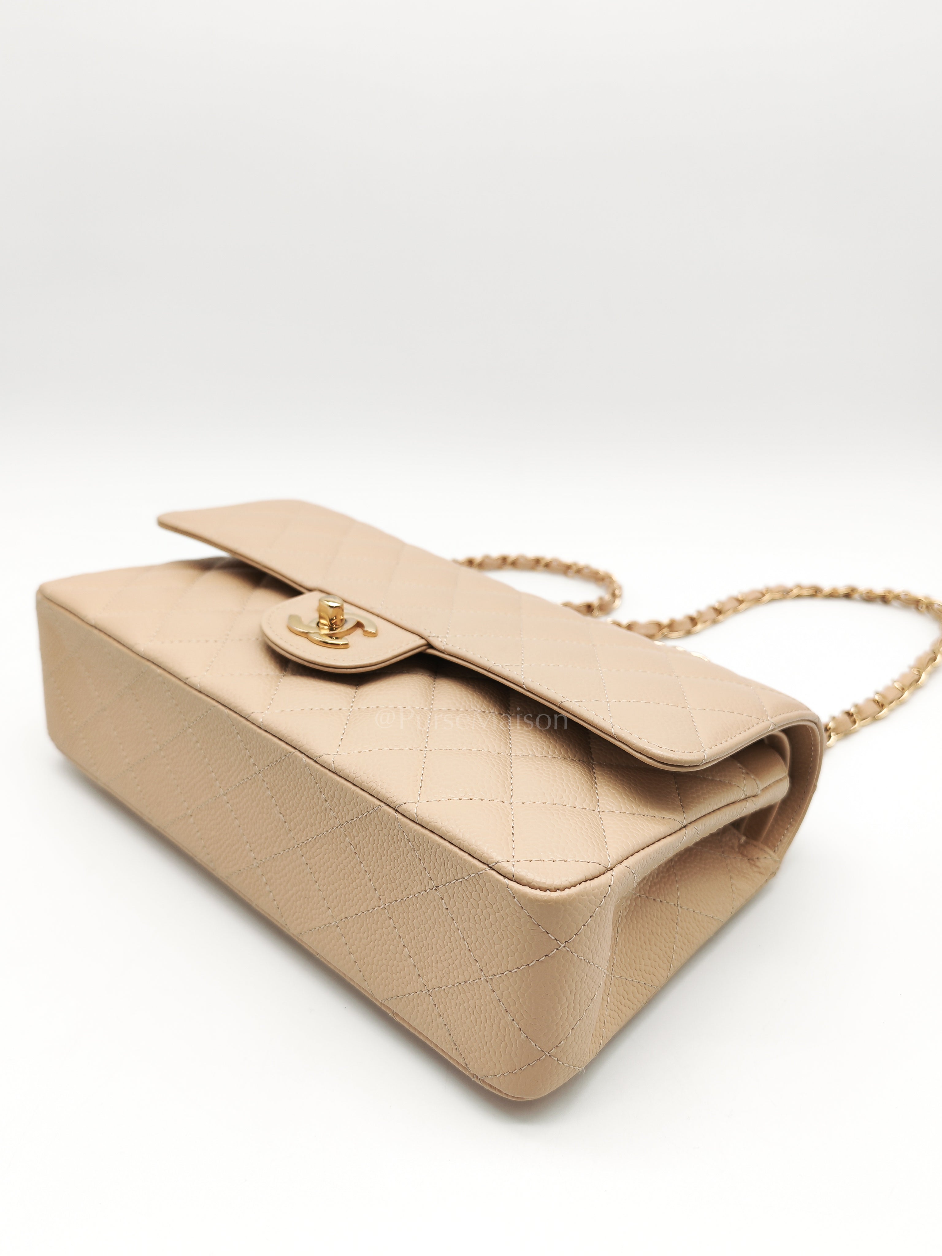 Classic Double Flap Medium in Beige Caviar Leather and Gold Hardware (Microchip) | Purse Maison Luxury Bags Shop