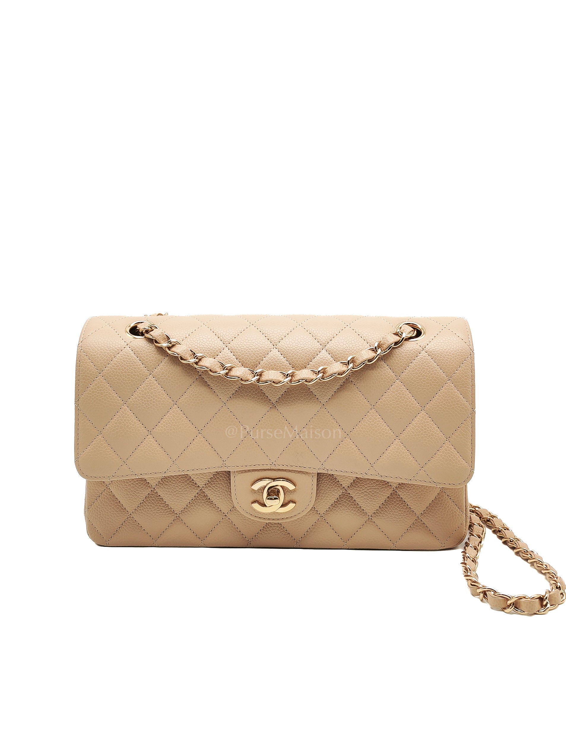 Classic Double Flap Medium in Beige Caviar Leather and Gold Hardware (Microchip) | Purse Maison Luxury Bags Shop