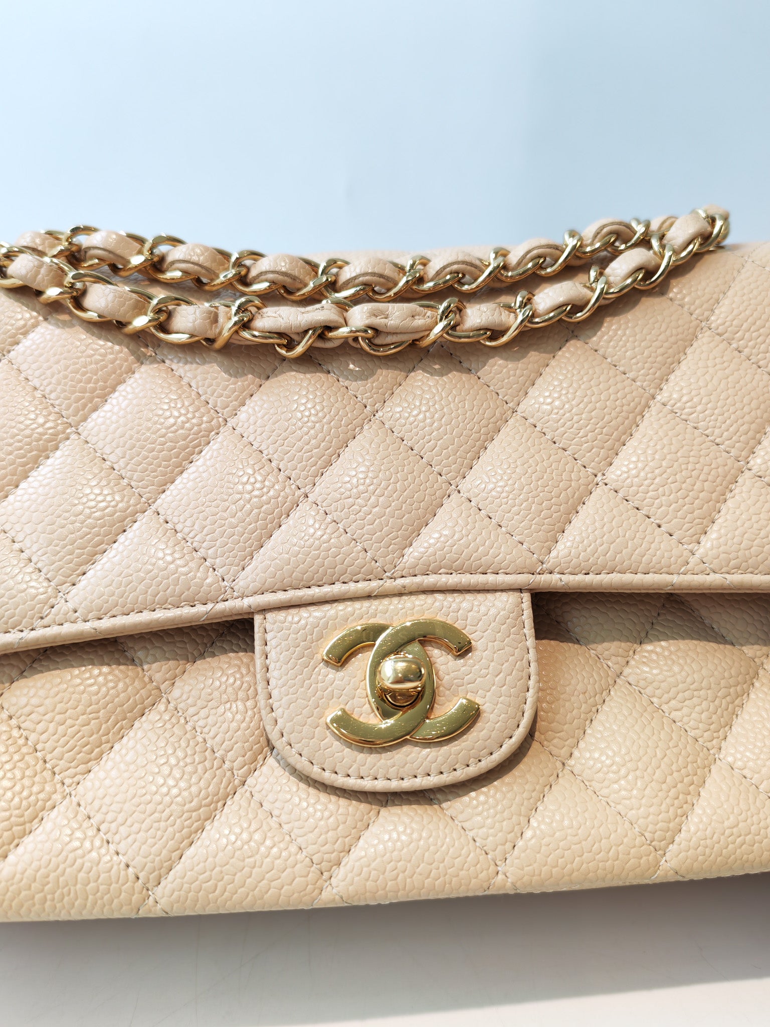 Classic Double Flap Medium in Beige Clair Caviar Leather and Gold Hardware Series 13 | Purse Maison Luxury Bags Shop
