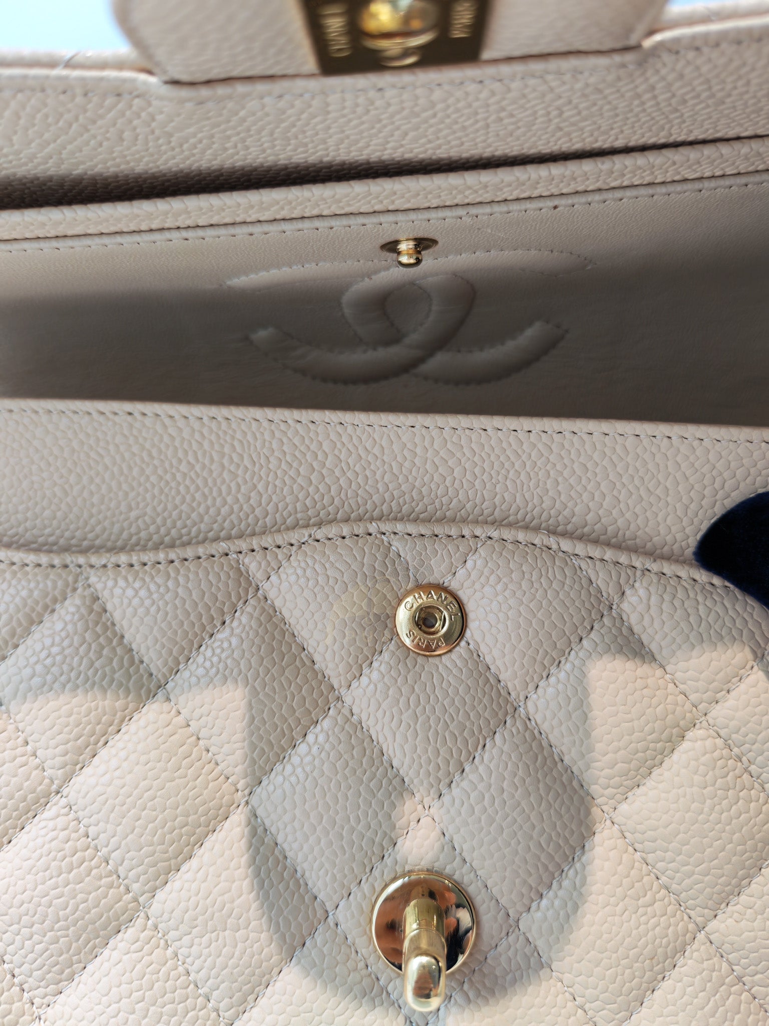 Classic Double Flap Medium in Beige Clair Caviar Leather and Gold Hardware Series 13 | Purse Maison Luxury Bags Shop