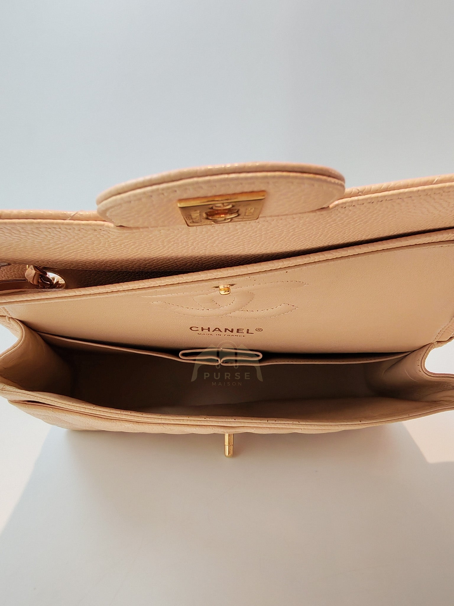 Classic Double Flap Medium in Beige Clair Caviar Leather and Gold Hardware Series 13 | Purse Maison Luxury Bags Shop