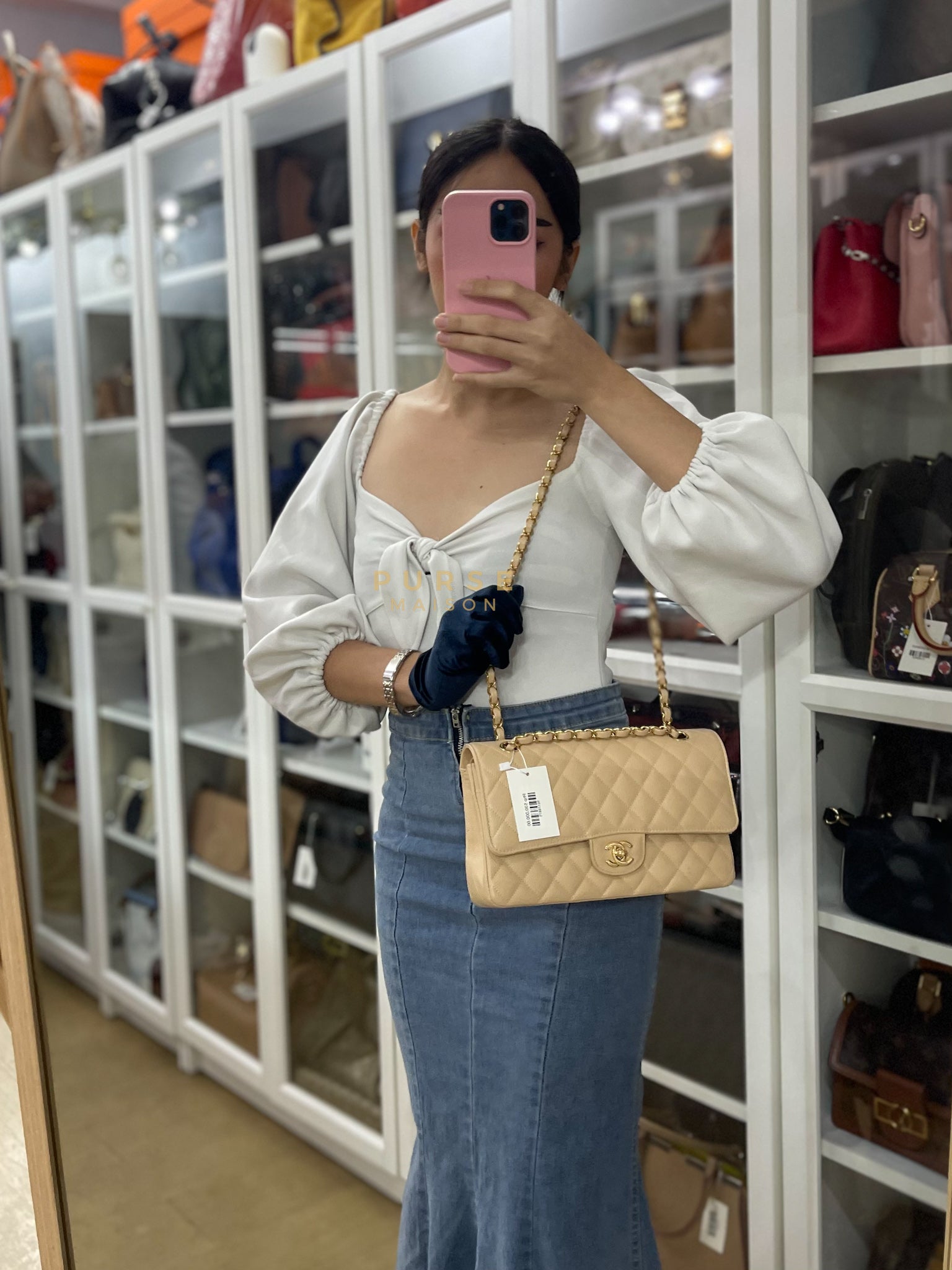 Classic Double Flap Medium in Beige Clair Caviar Leather & Gold Hardware(Microchip) | Purse Maison Luxury Bags Shop