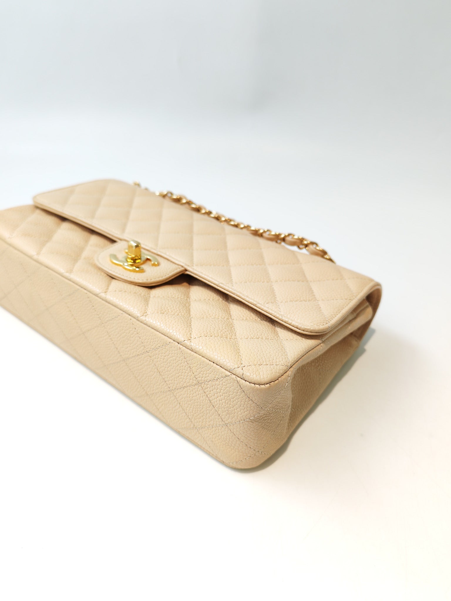 Classic Double Flap Medium in Beige Clair Caviar Leather and Gold Hardware Series 13 | Purse Maison Luxury Bags Shop