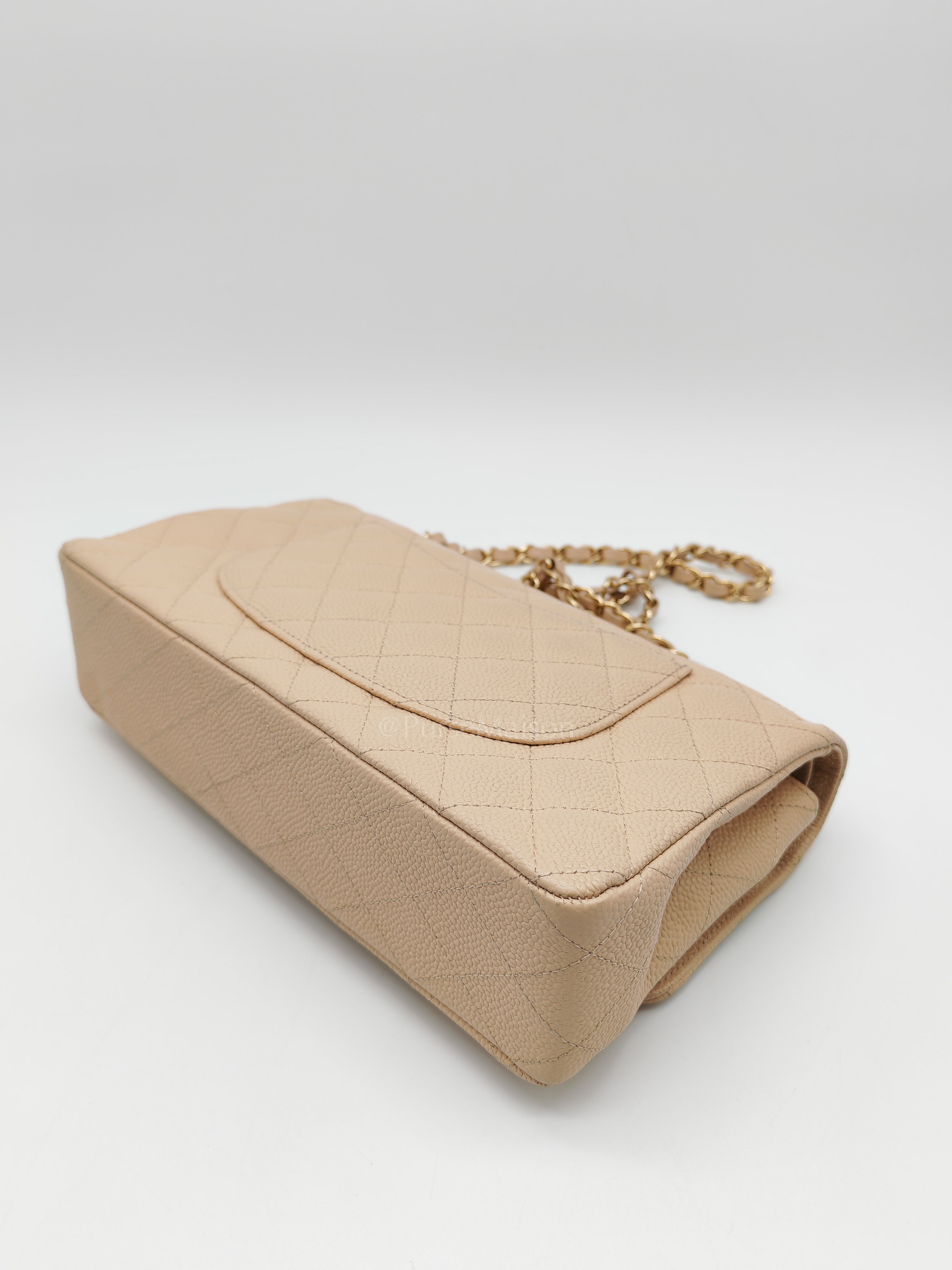 Classic Double Flap Medium in Beige Clair Caviar Leather and Gold Hardware Series 18 | Purse Maison Luxury Bags Shop