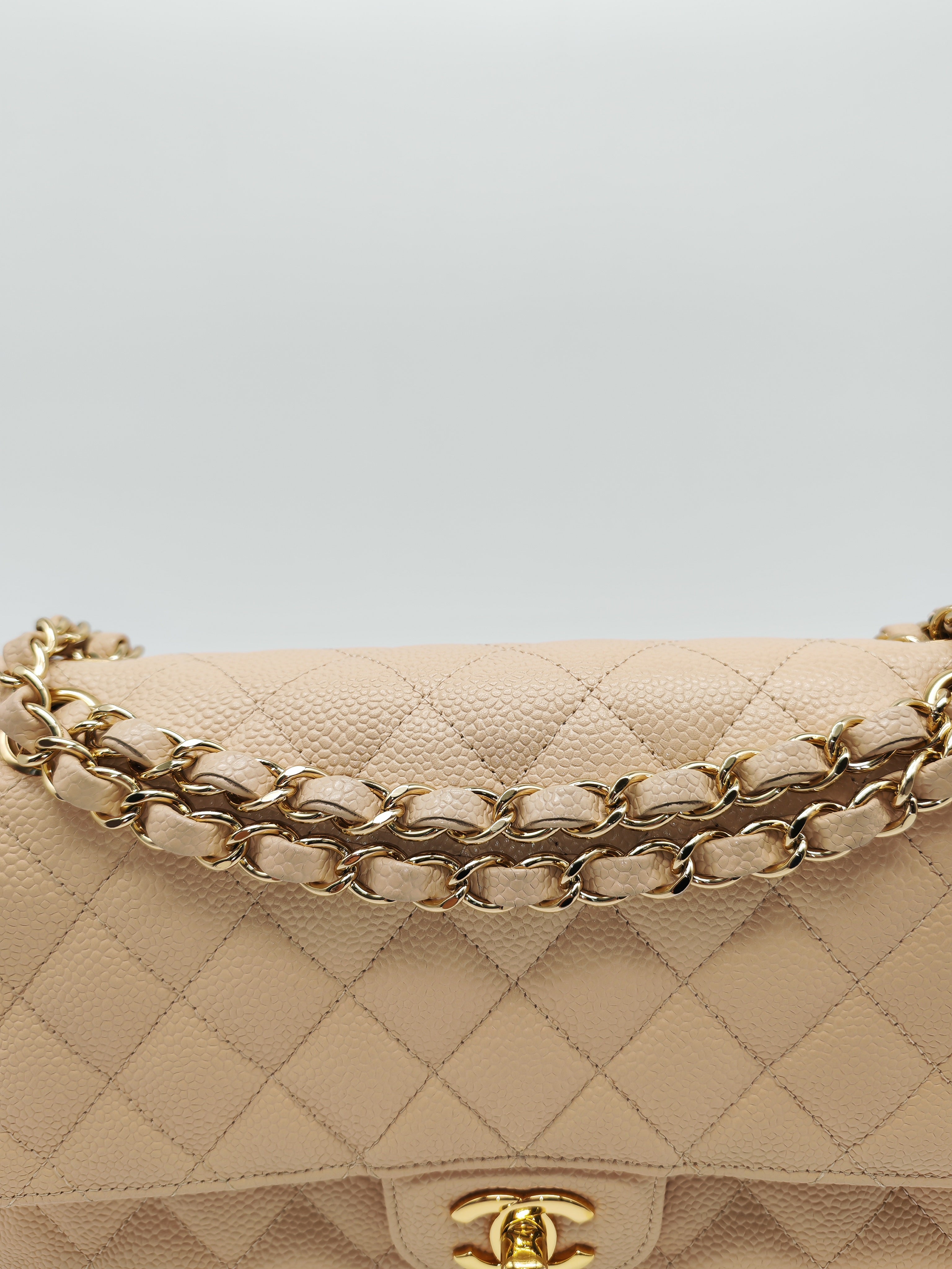 Classic Double Flap Medium in Beige Clair Caviar Leather and Gold Hardware Series 18 | Purse Maison Luxury Bags Shop