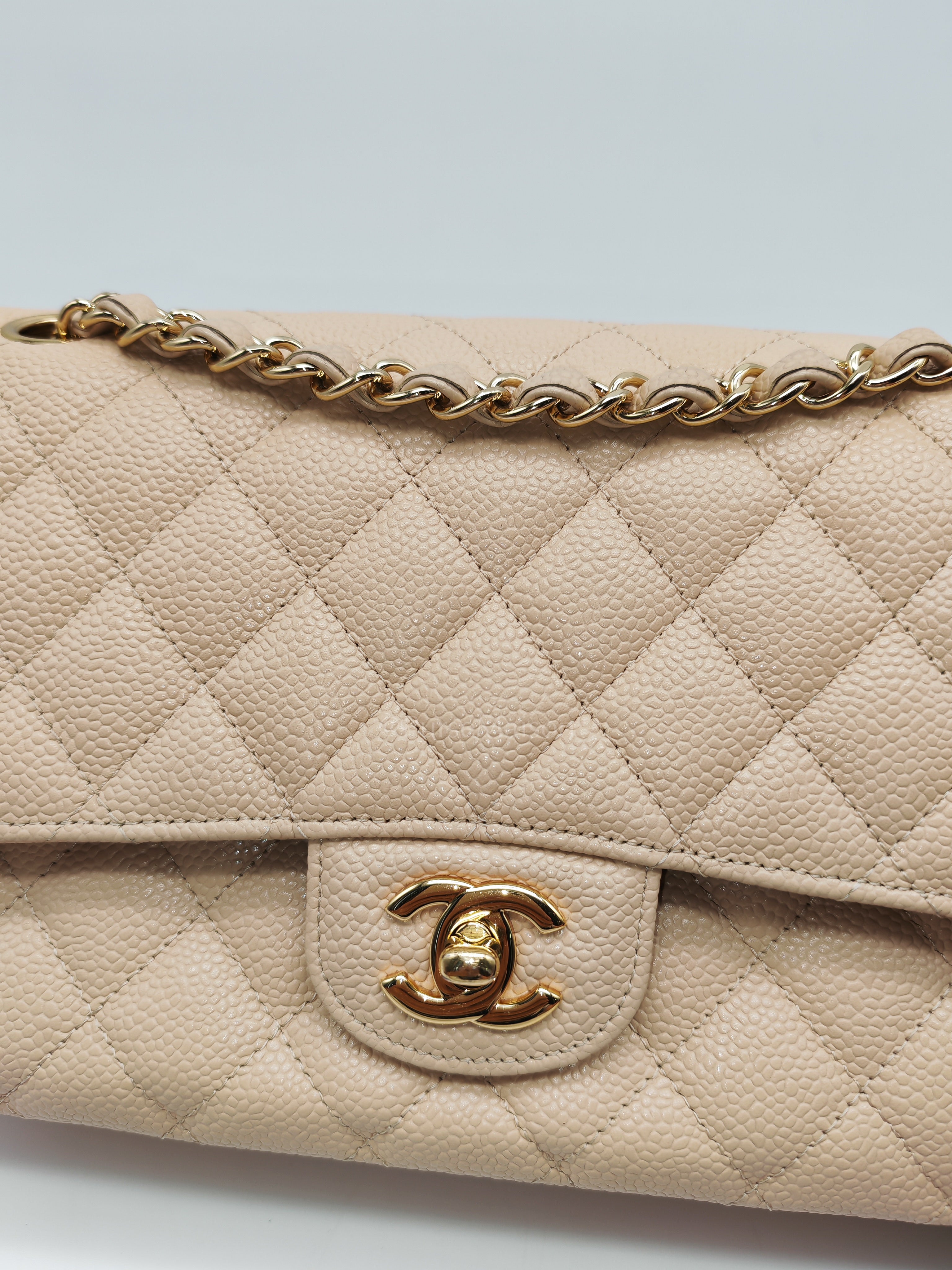 Classic Double Flap Medium in Beige Clair Caviar Leather and Gold Hardware Series 18 | Purse Maison Luxury Bags Shop