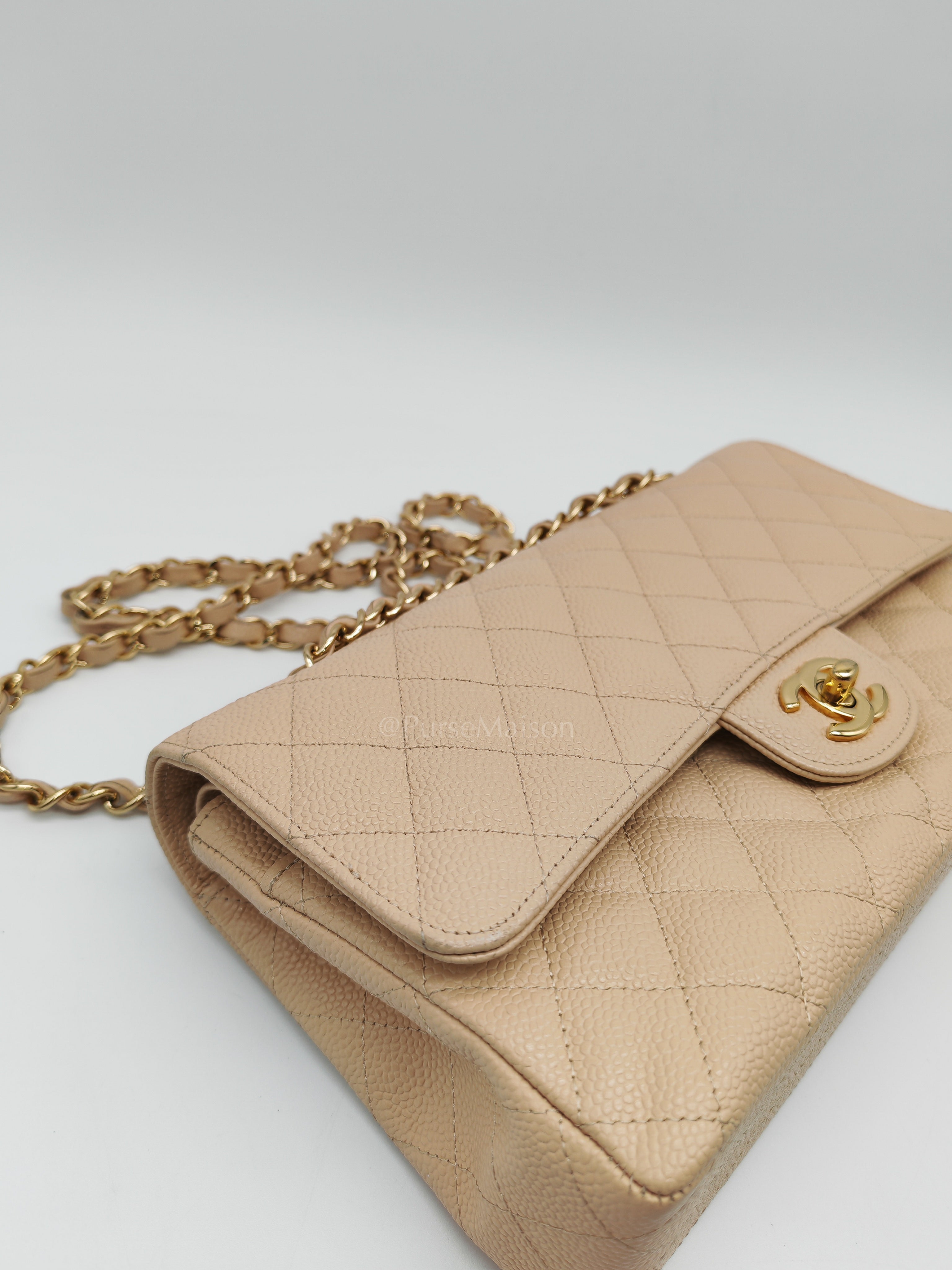 Classic Double Flap Medium in Beige Clair Caviar Leather and Gold Hardware Series 18 | Purse Maison Luxury Bags Shop