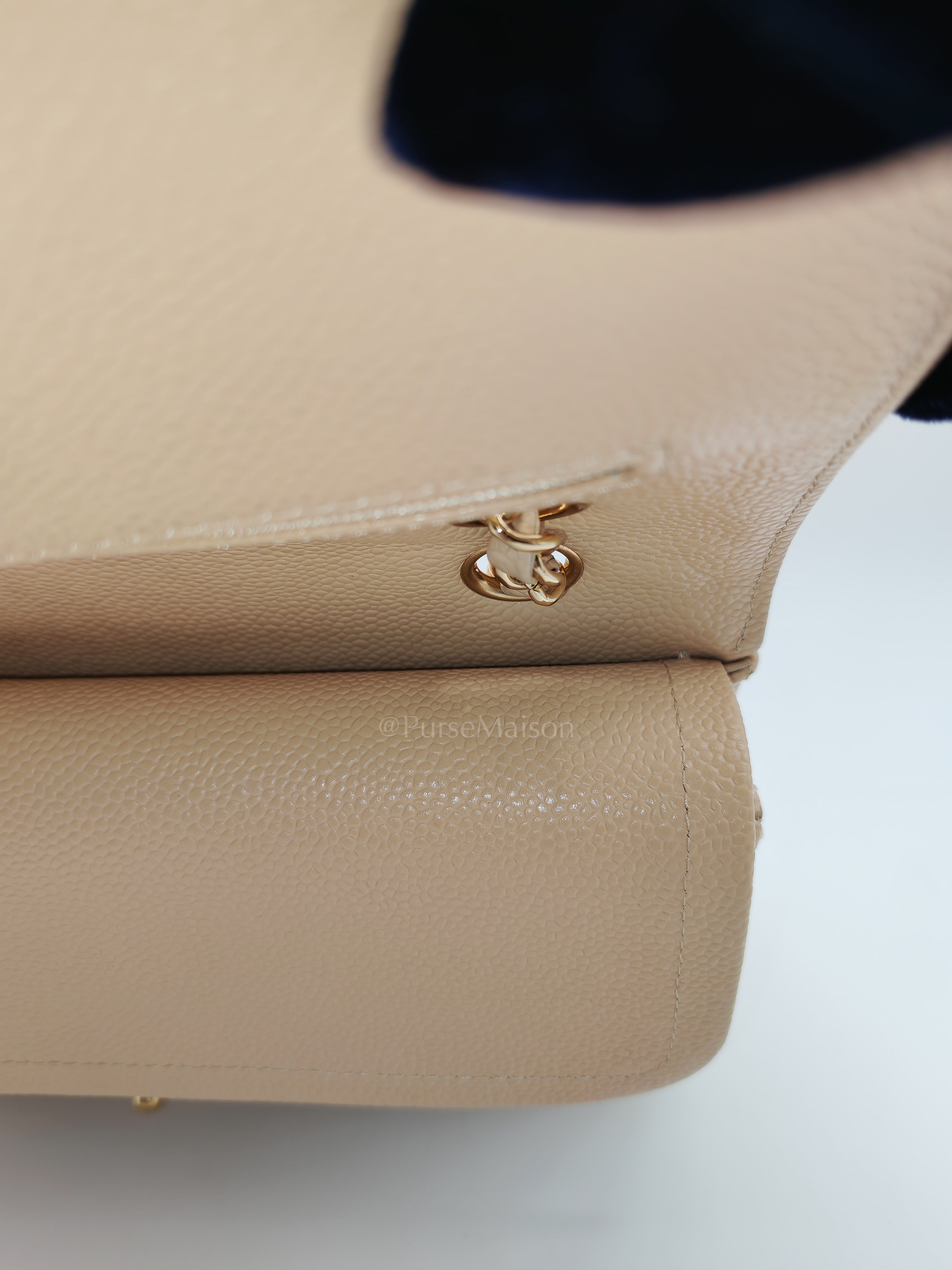 Classic Double Flap Medium in Beige Clair Caviar Leather and Gold Hardware Series 18 | Purse Maison Luxury Bags Shop