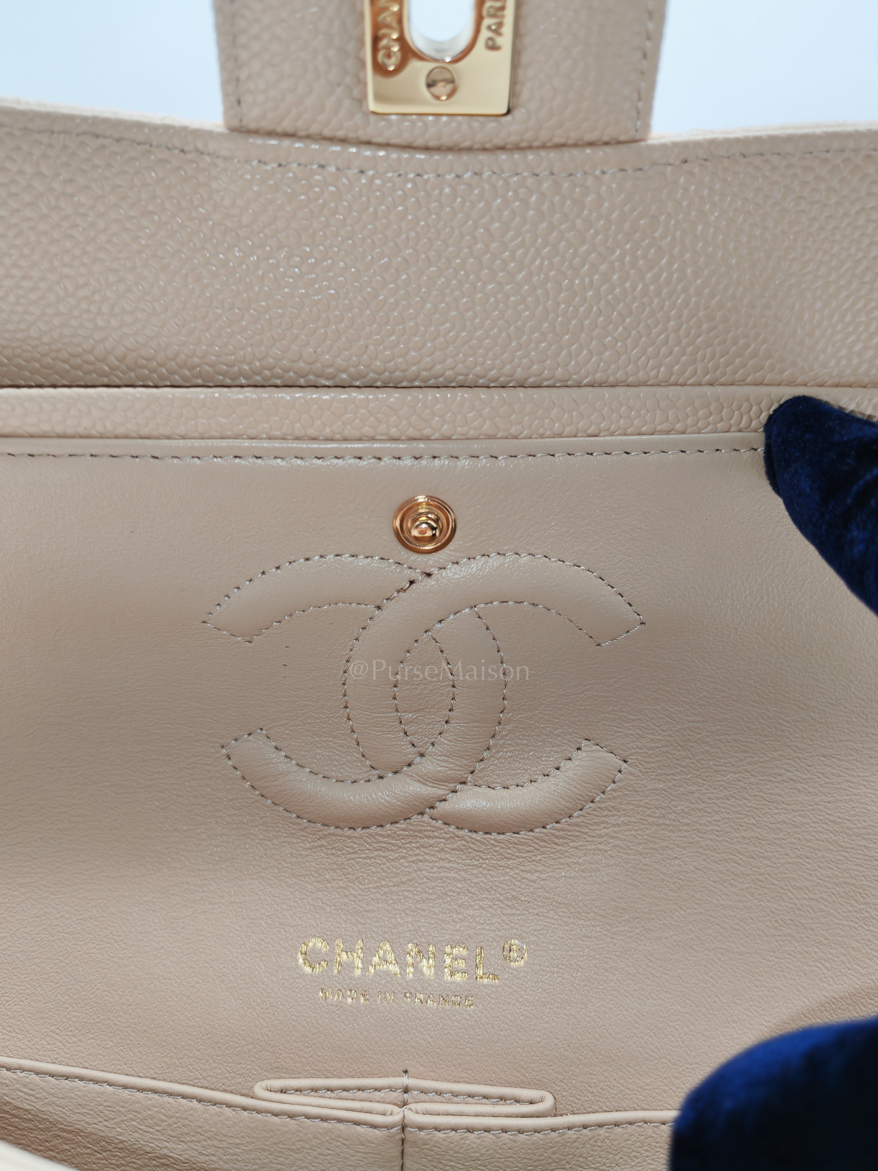 Classic Double Flap Medium in Beige Clair Caviar Leather and Gold Hardware Series 18 | Purse Maison Luxury Bags Shop