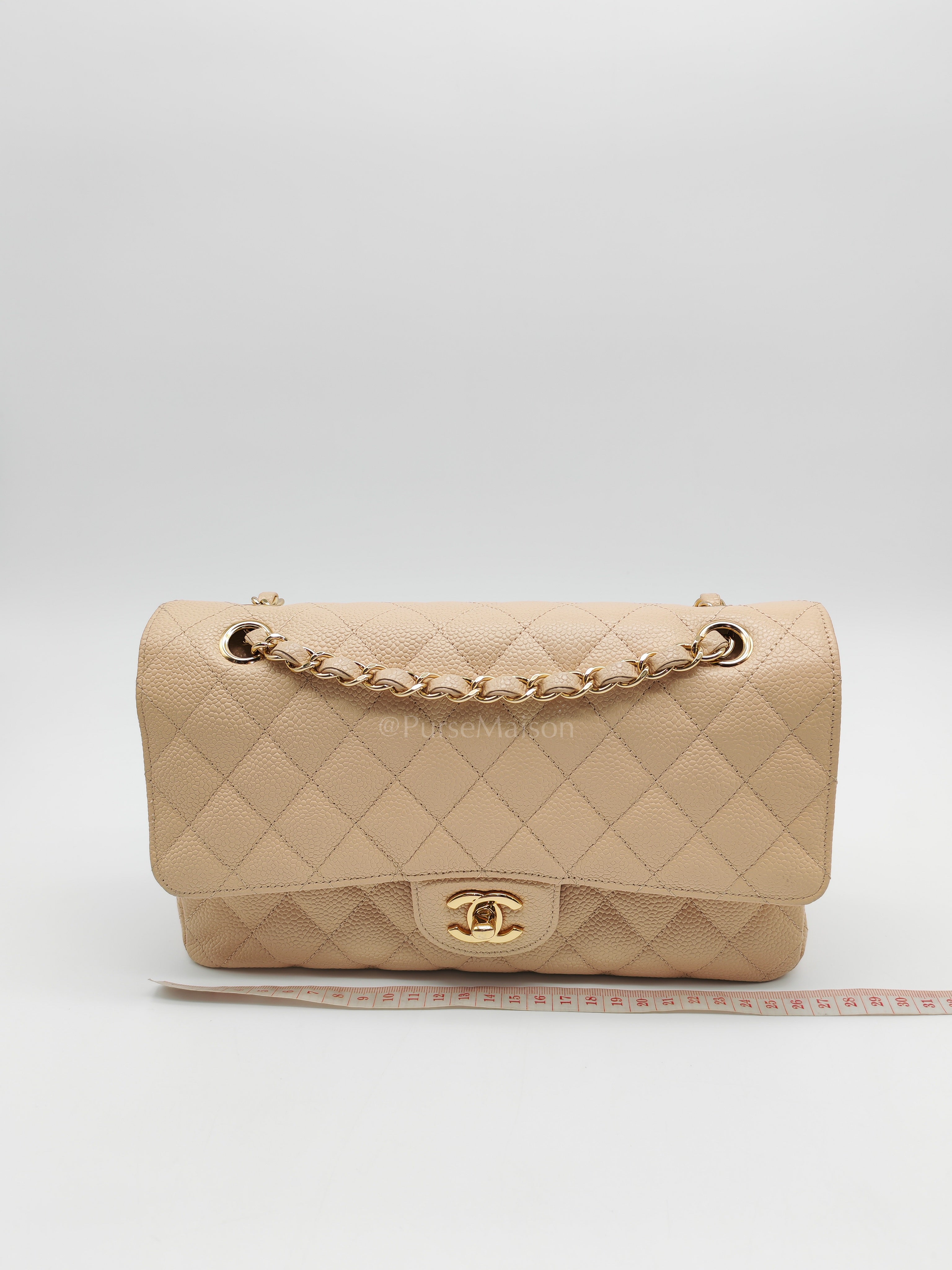 Classic Double Flap Medium in Beige Clair Caviar Leather and Gold Hardware Series 18 | Purse Maison Luxury Bags Shop