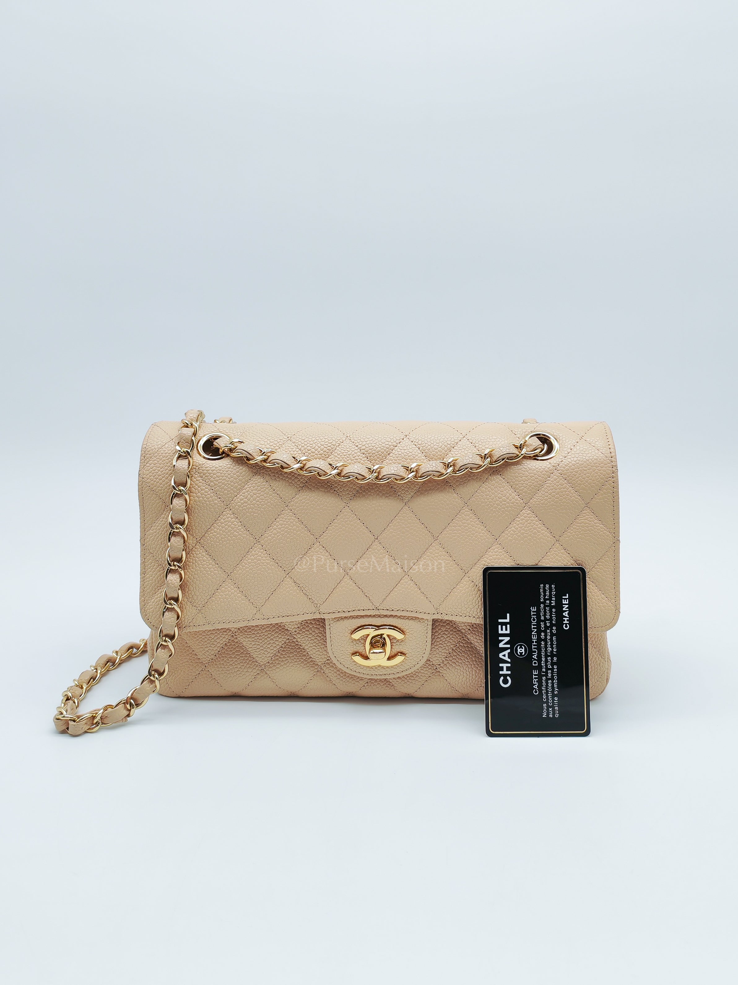 Classic Double Flap Medium in Beige Clair Caviar Leather and Gold Hardware Series 18 | Purse Maison Luxury Bags Shop