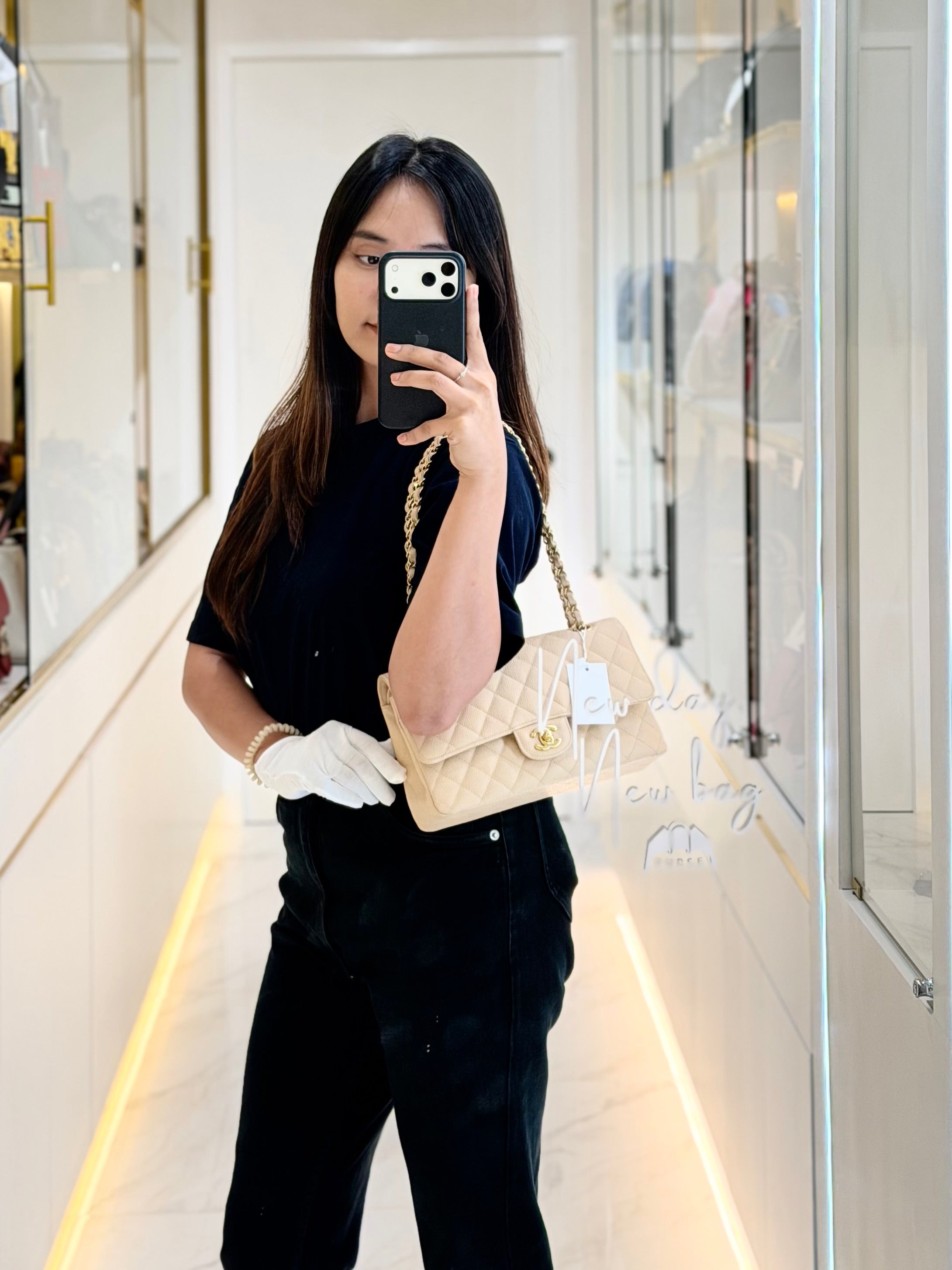 Classic Double Flap Medium in Beige Clair Caviar Leather and Gold Hardware Series 18 | Purse Maison Luxury Bags Shop
