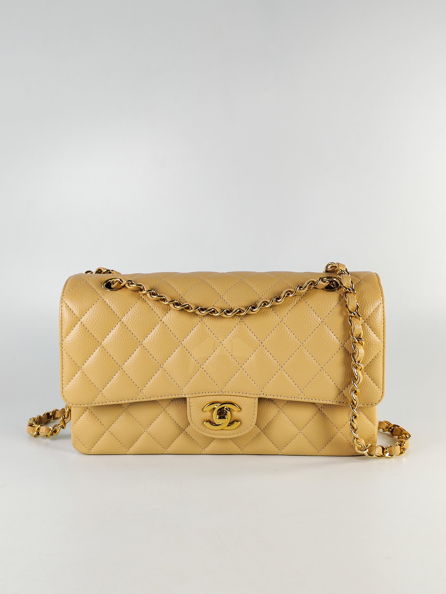 Classic Double Flap Medium in Beige Clair Caviar Leather & Gold Hardware(Microchip) | Purse Maison Luxury Bags Shop