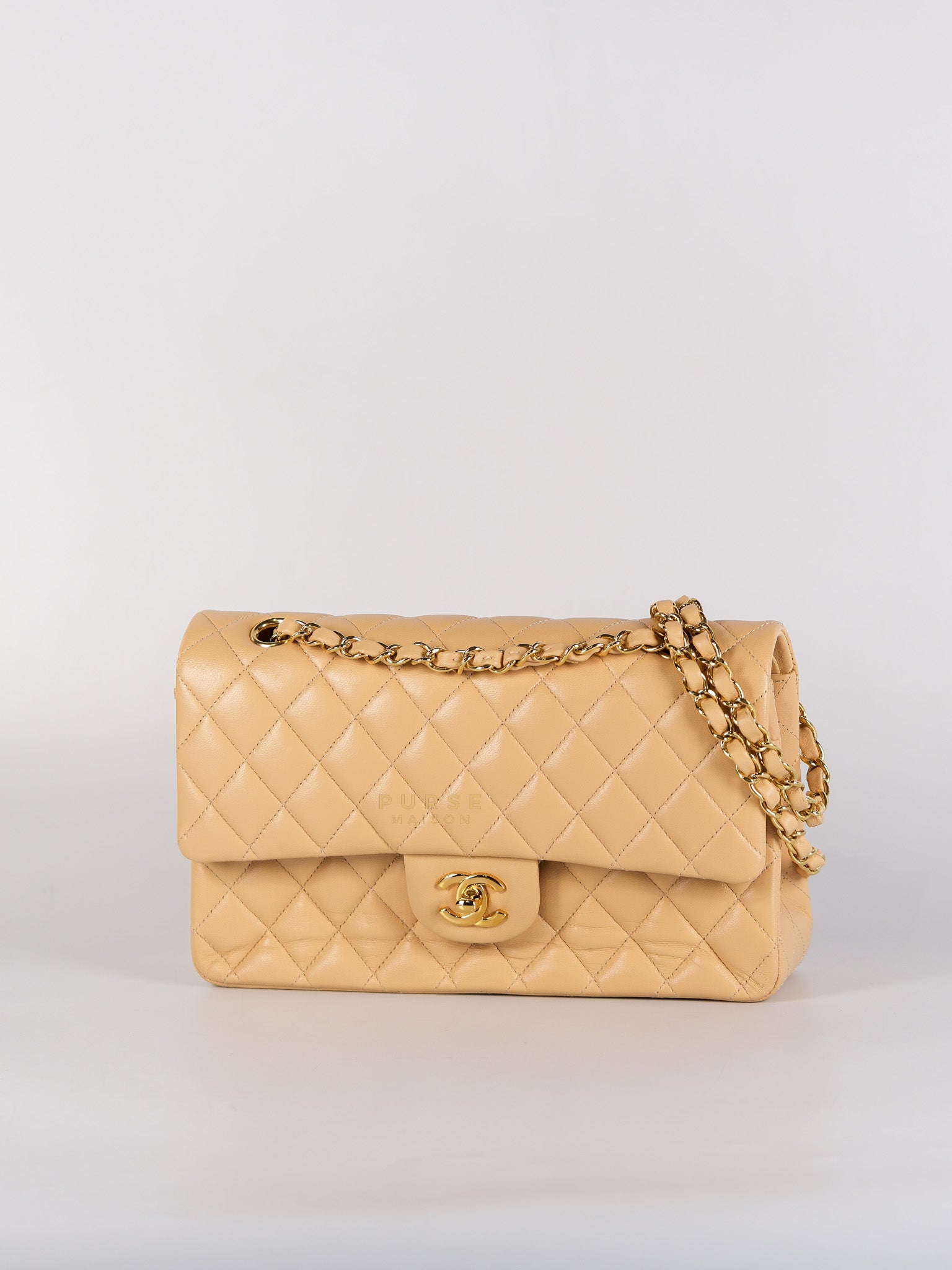 Classic Double Flap Medium in Beige Quilted Lambskin Leather Gold Hardware (Microchip) | Purse Maison Luxury Bags Shop