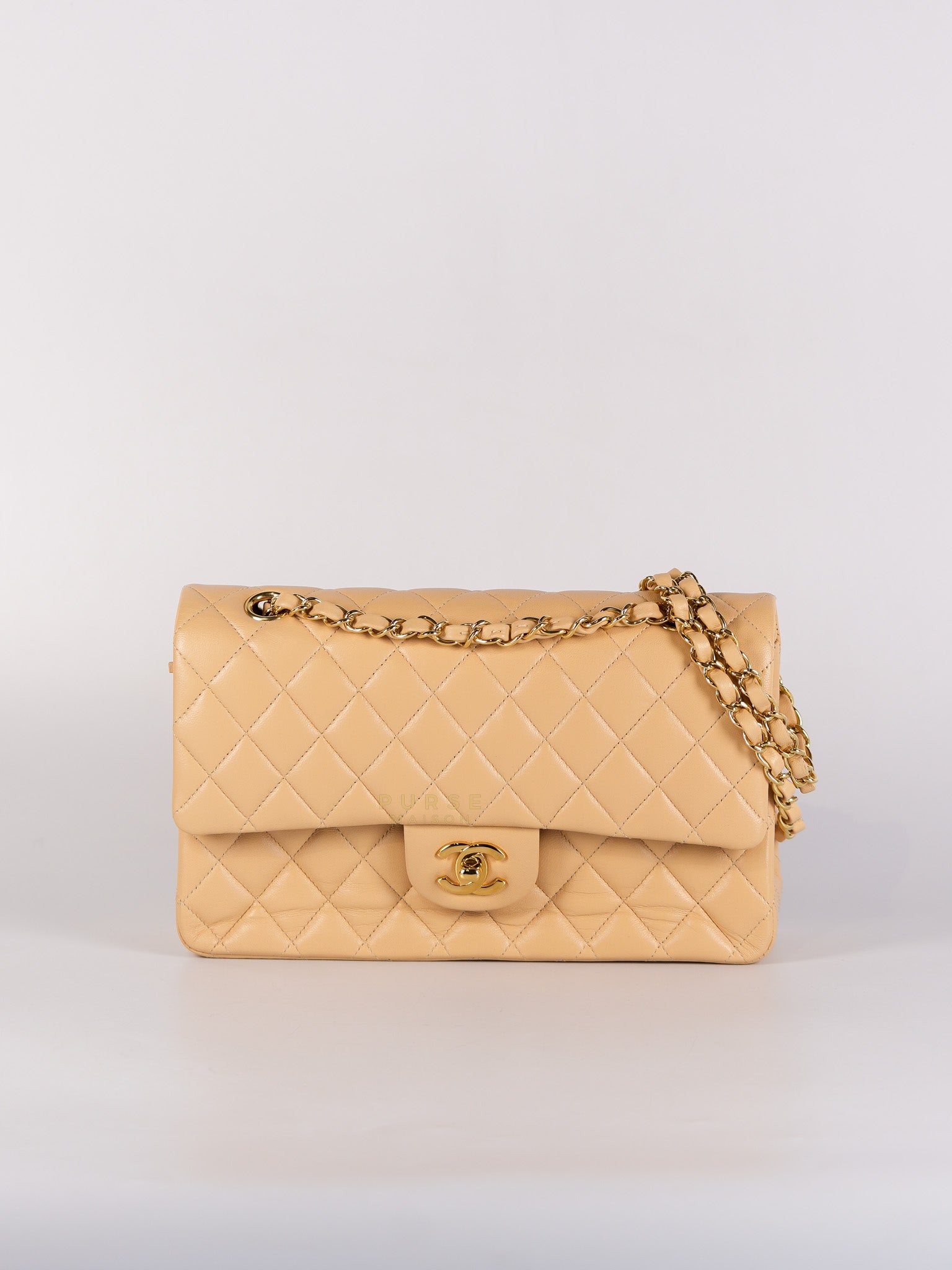 Classic Double Flap Medium in Beige Quilted Lambskin Leather Gold Hardware (Microchip) | Purse Maison Luxury Bags Shop
