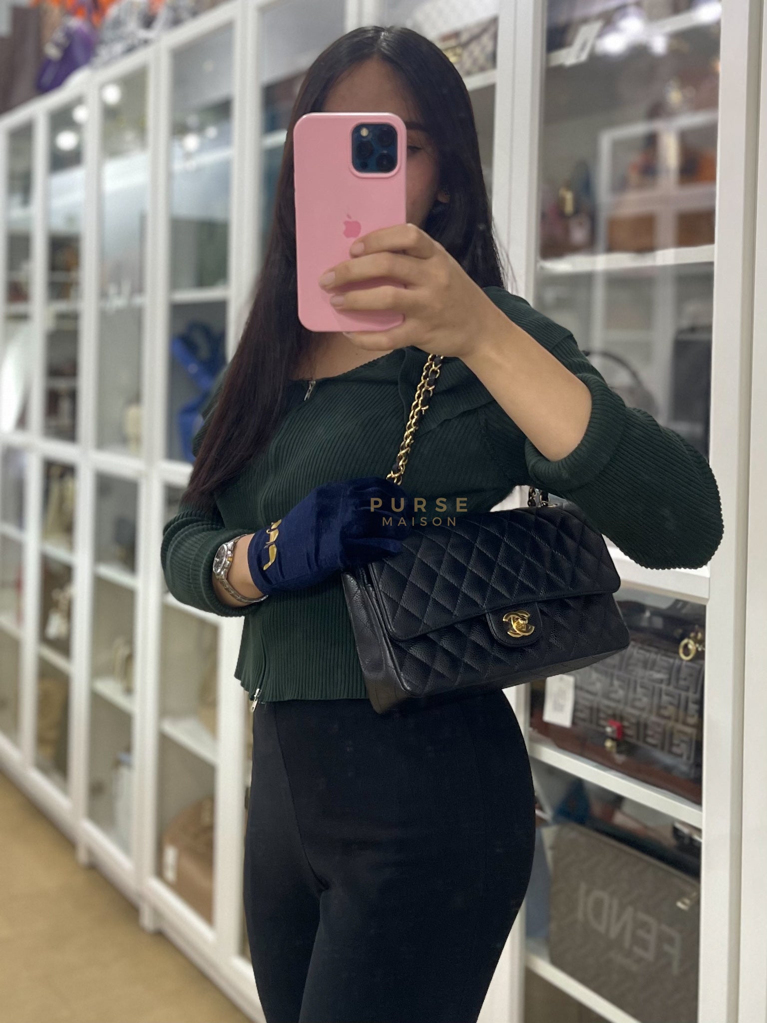 Classic Double Flap Medium in Black Caviar Leather Gold Hardware (Microchip) | Purse Maison Luxury Bags Shop