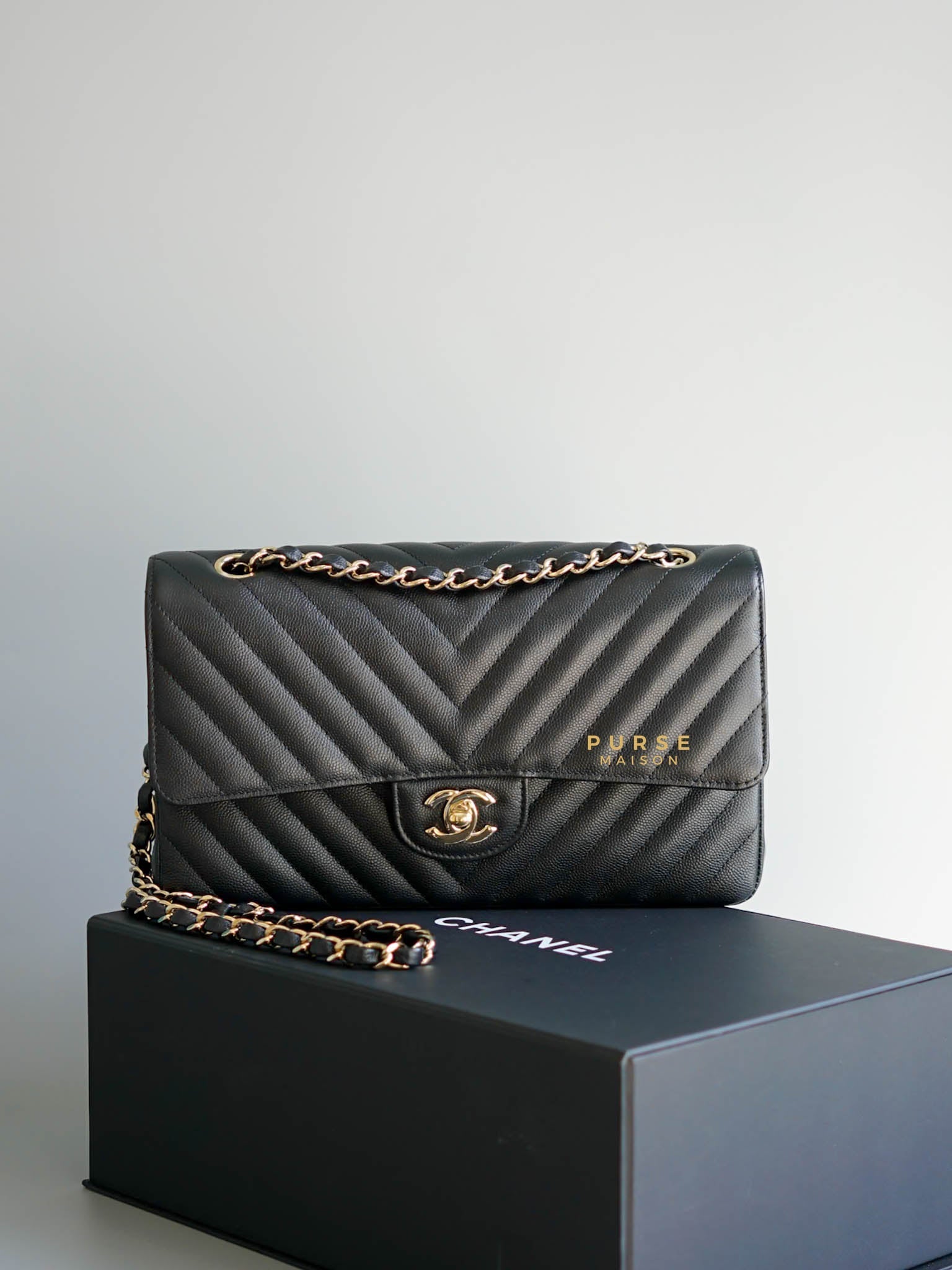 Chanel Classic Double Flap Medium in Black Chevron Caviar Leather and Light Gold Hardware (Series 31) | Purse Maison Luxury Bags Shop