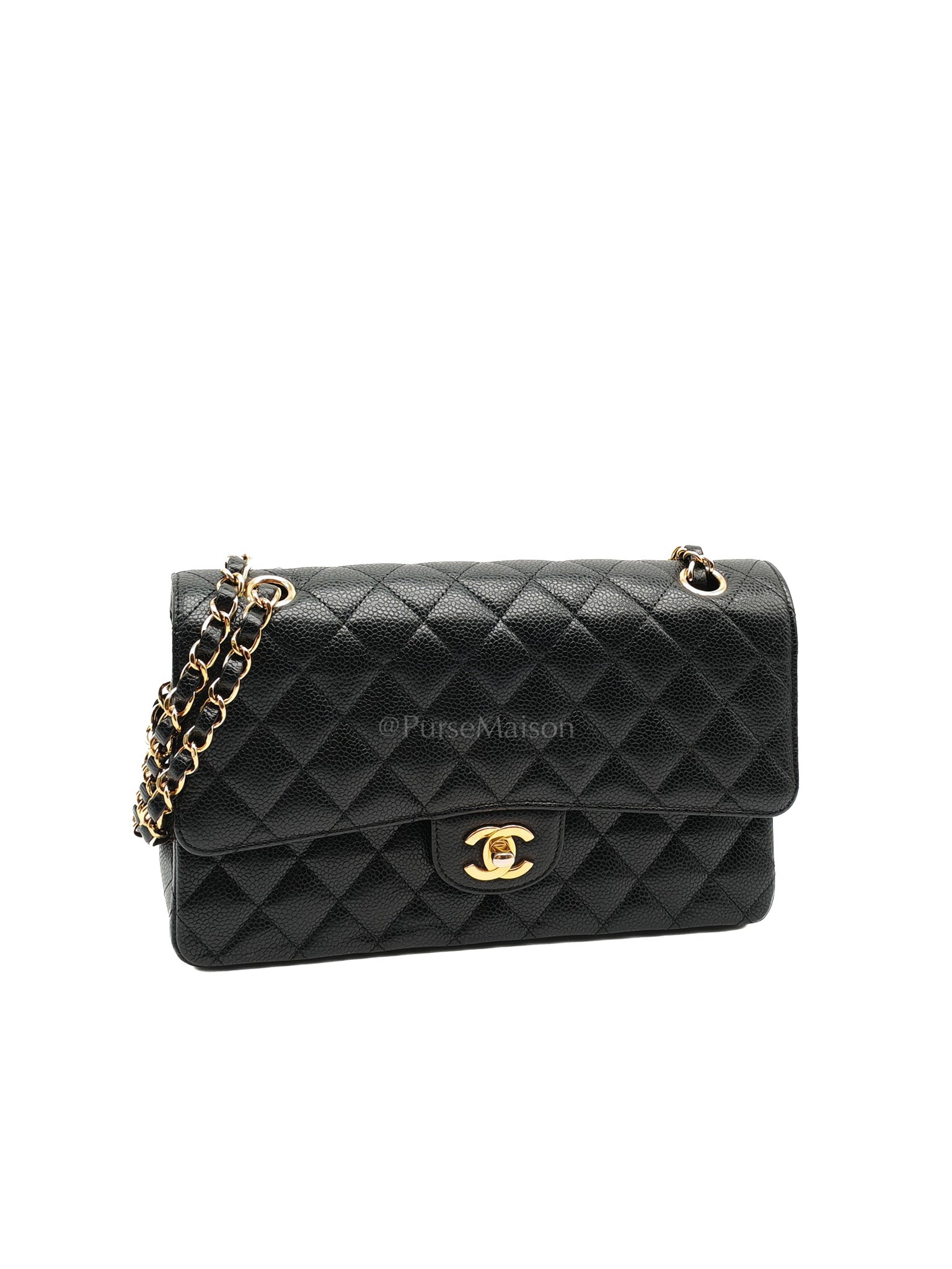 Classic Double Flap Medium in Black Quilted Caviar Leather and Gold Hardware Microchip | Purse Maison Luxury Bags Shop