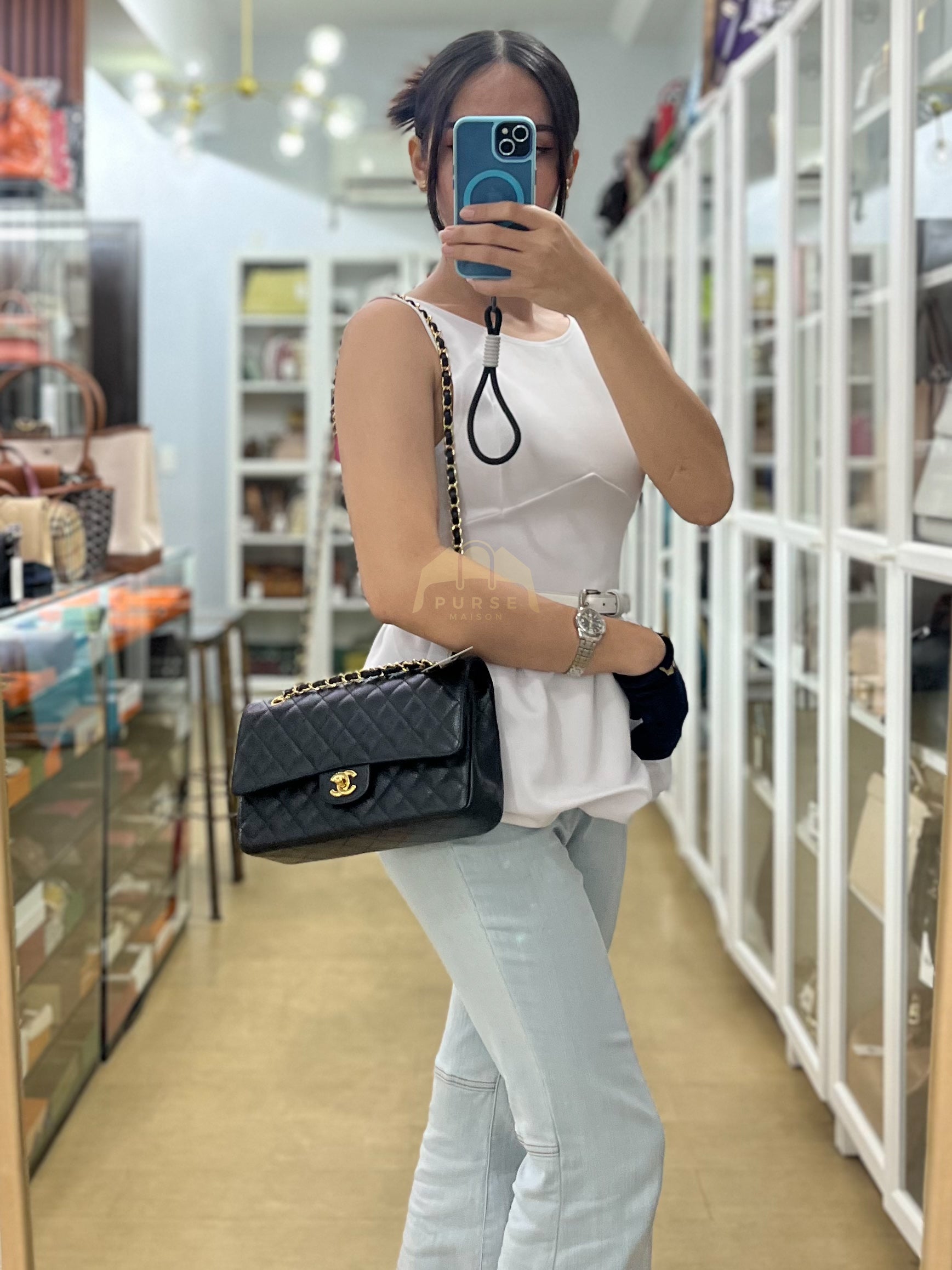 Classic Double Flap Medium in Black Quilted Caviar Leather and Gold Hardware Series 25 | Purse Maison Luxury Bags Shop