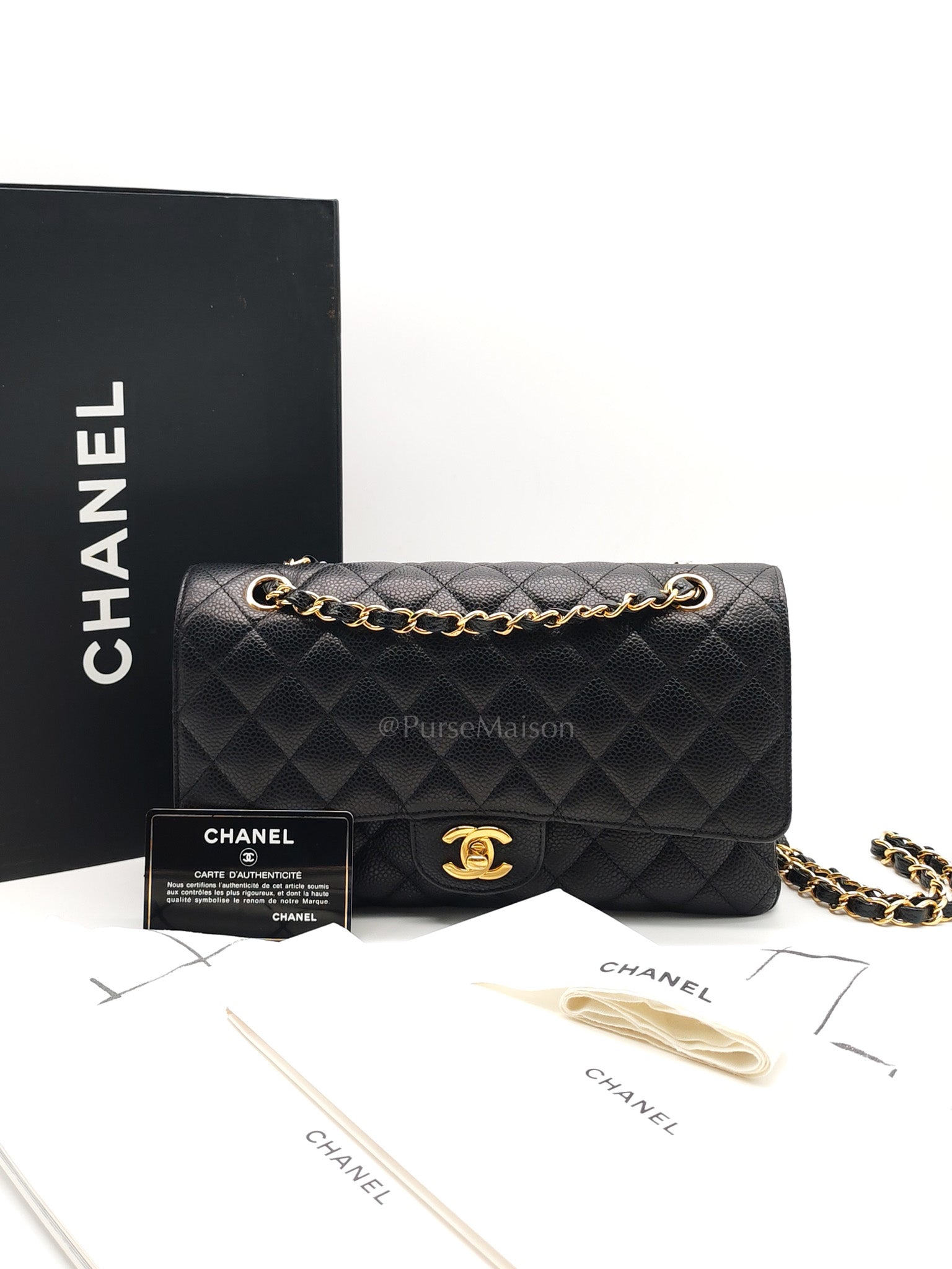 Classic Double Flap Medium in Black Quilted Caviar Leather and Gold Hardware Series 28 | Purse Maison Luxury Bags Shop