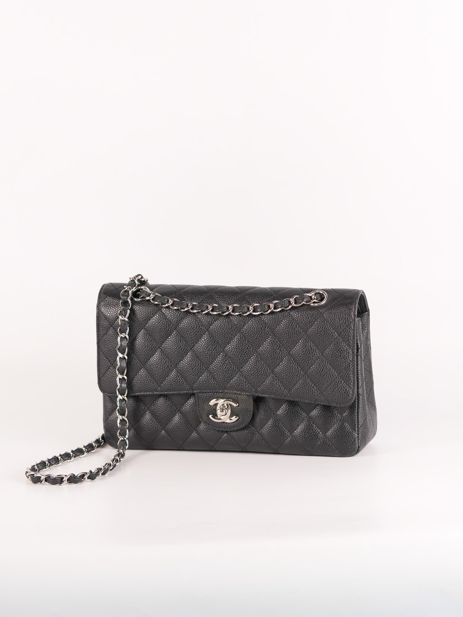 Classic Double Flap Medium in Black Quilted Caviar Leather and Silver Hardware Series 17 | Purse Maison Luxury Bags Shop
