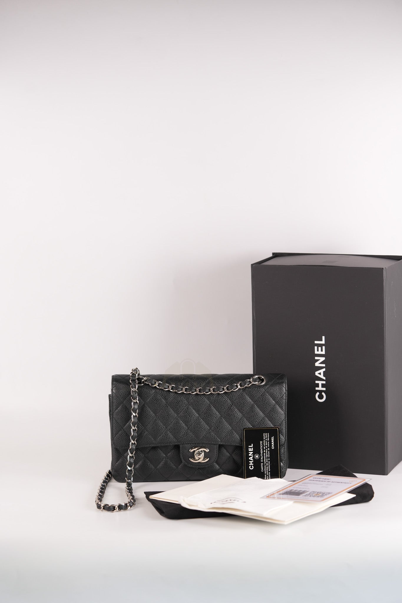 Classic Double Flap Medium in Black Quilted Caviar Leather and Silver Hardware Series 17 | Purse Maison Luxury Bags Shop