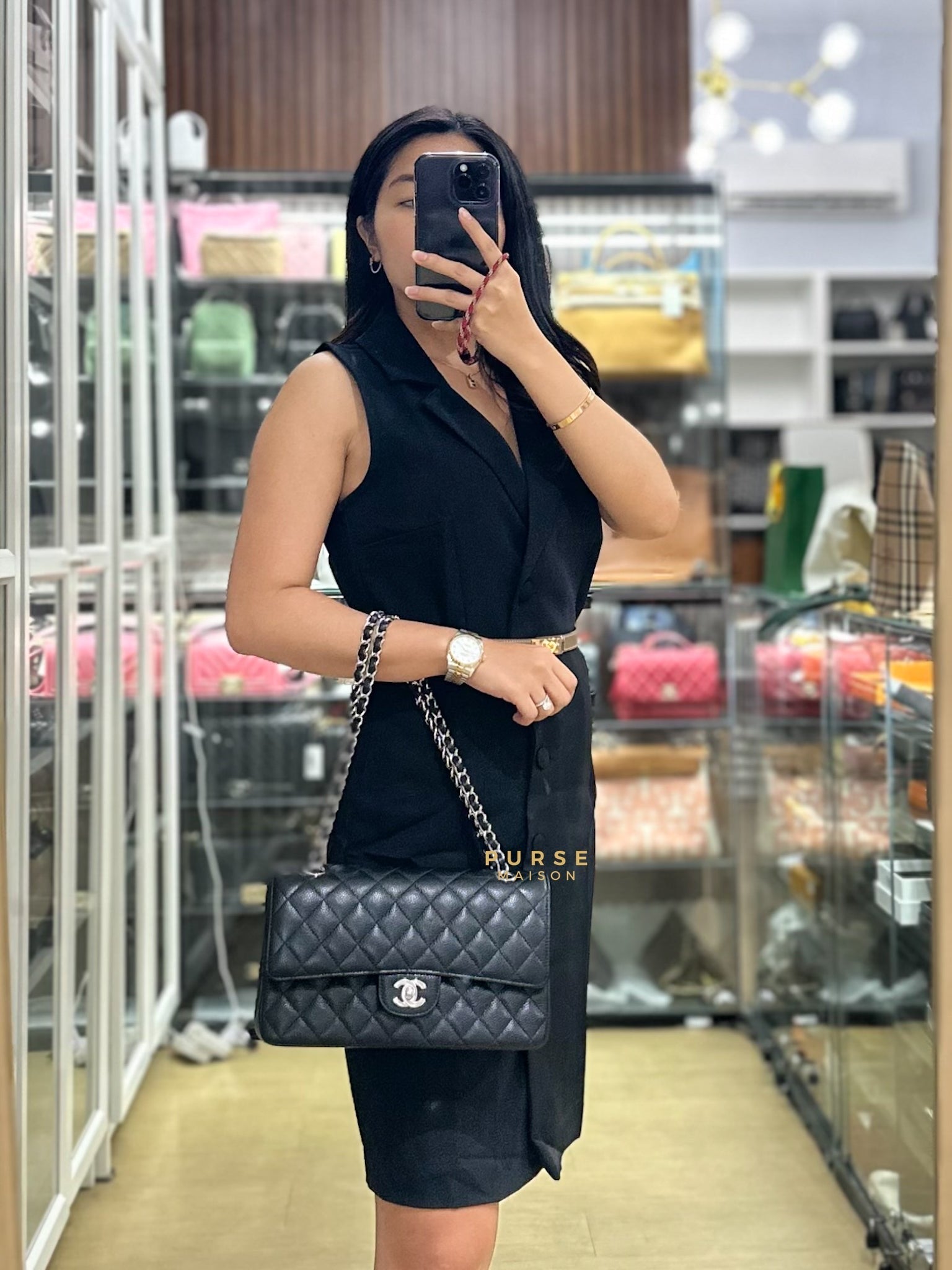 Classic Double Flap Medium in Black Caviar Leather Silver Hardware (Series 18) | Purse Maison Luxury Bags Shop