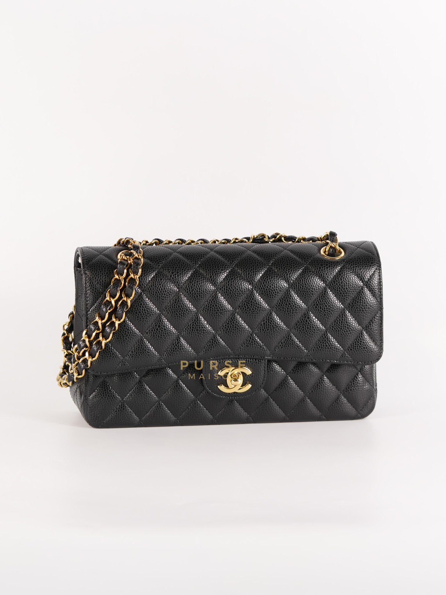 Classic Double Flap Medium in Black Quilted Caviar Leather & Gold Hardware Microchip | Purse Maison Luxury Bags Shop