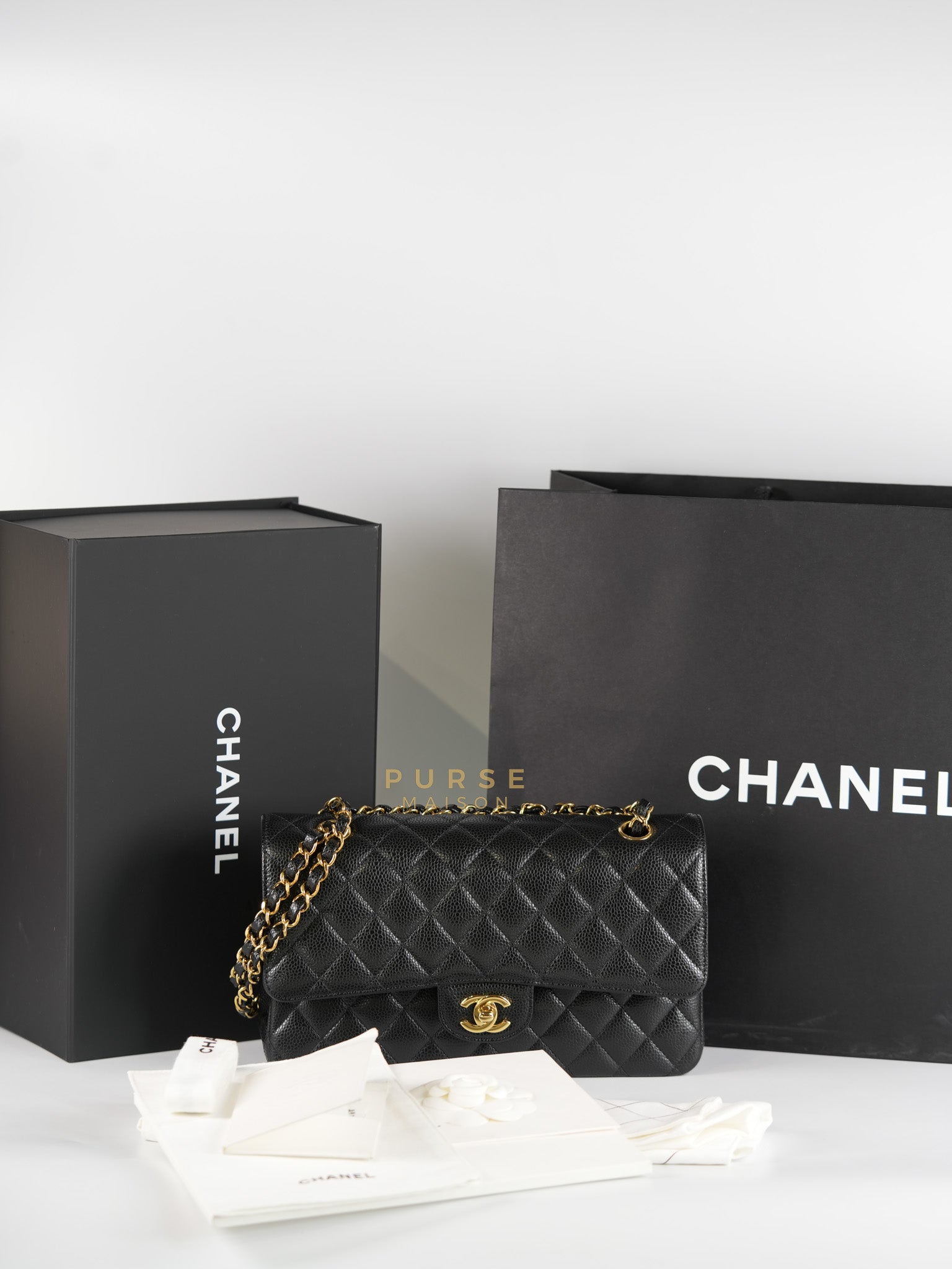 Classic Double Flap Medium in Black Quilted Caviar Leather & Gold Hardware Microchip | Purse Maison Luxury Bags Shop