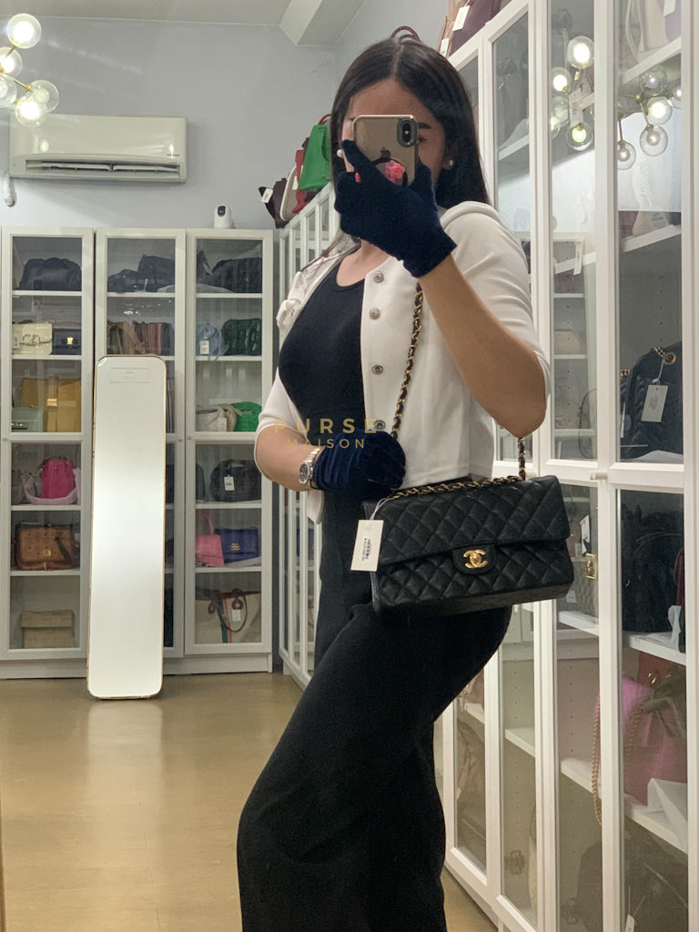 Classic Double Flap Medium in Black Quilted Caviar Leather & Gold Hardware Microchip | Purse Maison Luxury Bags Shop