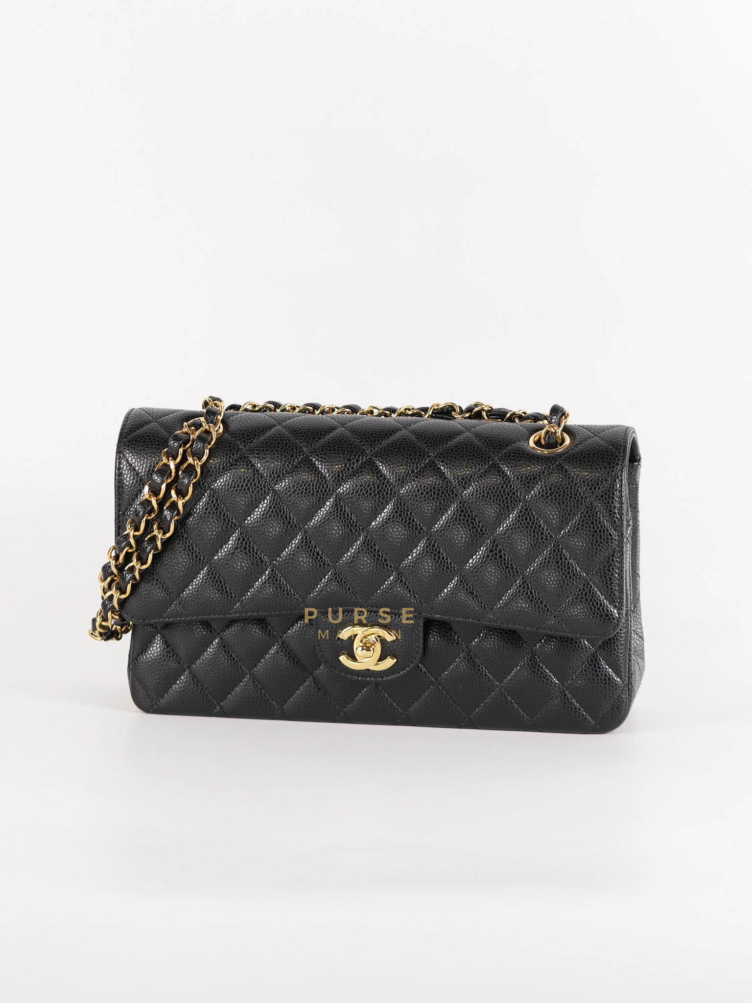 Classic Double Flap Medium in Black Quilted Caviar Leather & Gold Hardware Microchip | Purse Maison Luxury Bags Shop