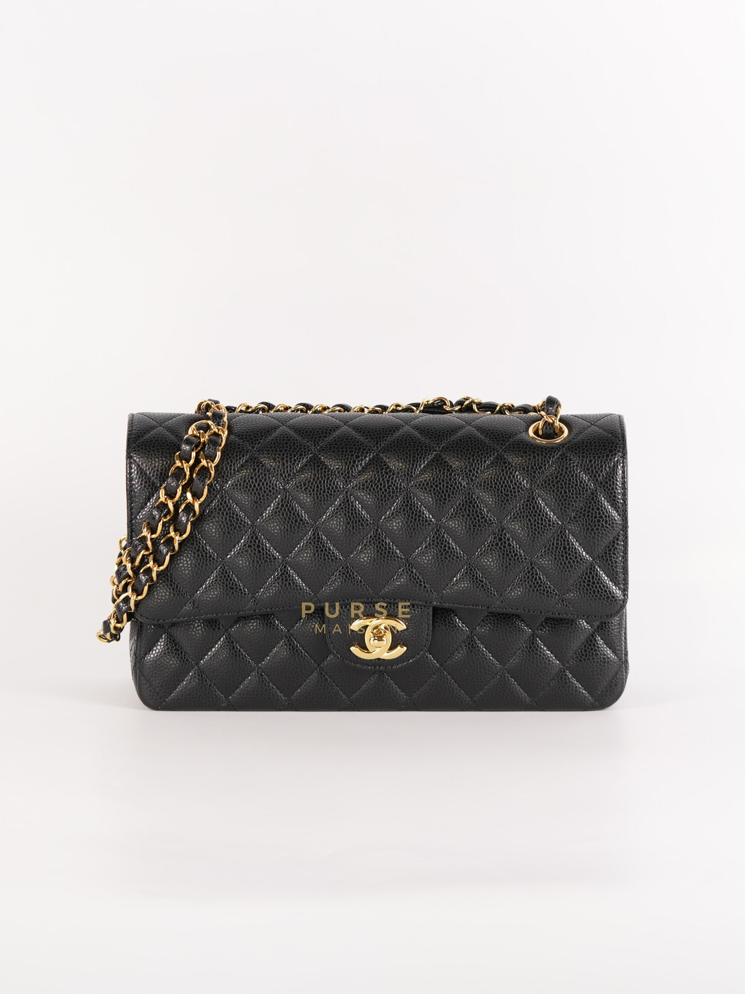 Classic Double Flap Medium in Black Quilted Caviar Leather & Gold Hardware Microchip | Purse Maison Luxury Bags Shop