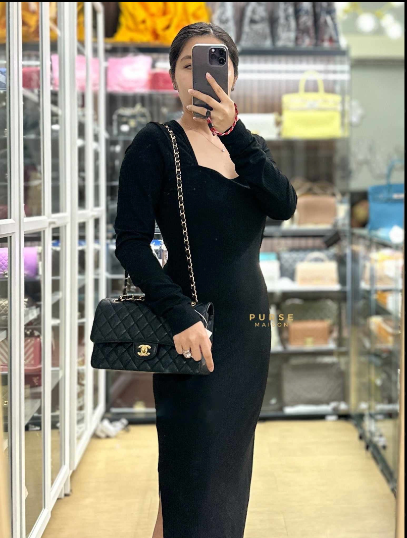 Classic Double Flap Medium in Black Quilted Caviar Leather & Gold Hardware Series 25 | Purse Maison Luxury Bags Shop
