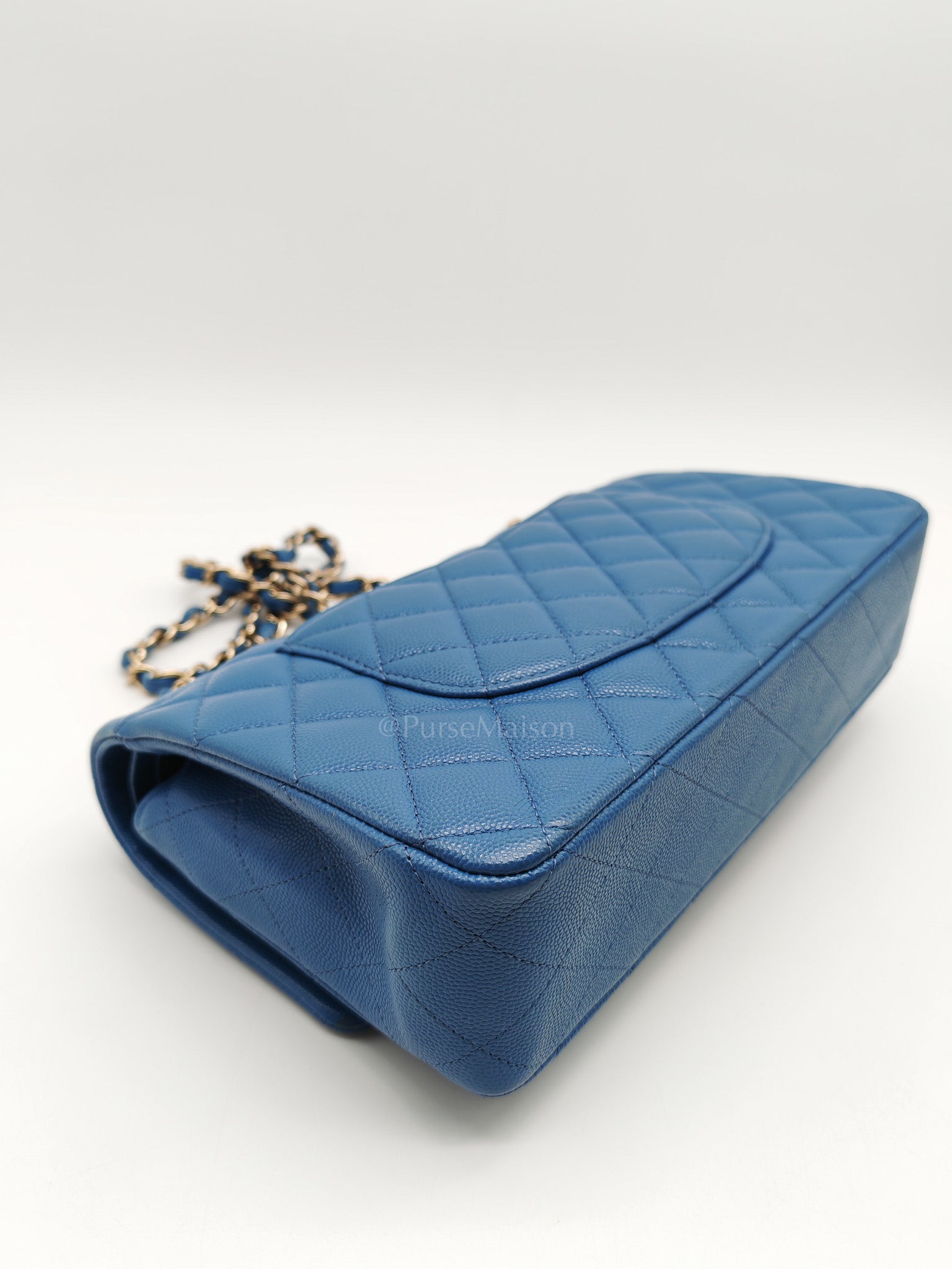 Classic Double Flap Medium in Blue Caviar Leather & Light Gold Hardware (Series 30) | Purse Maison Luxury Bags Shop