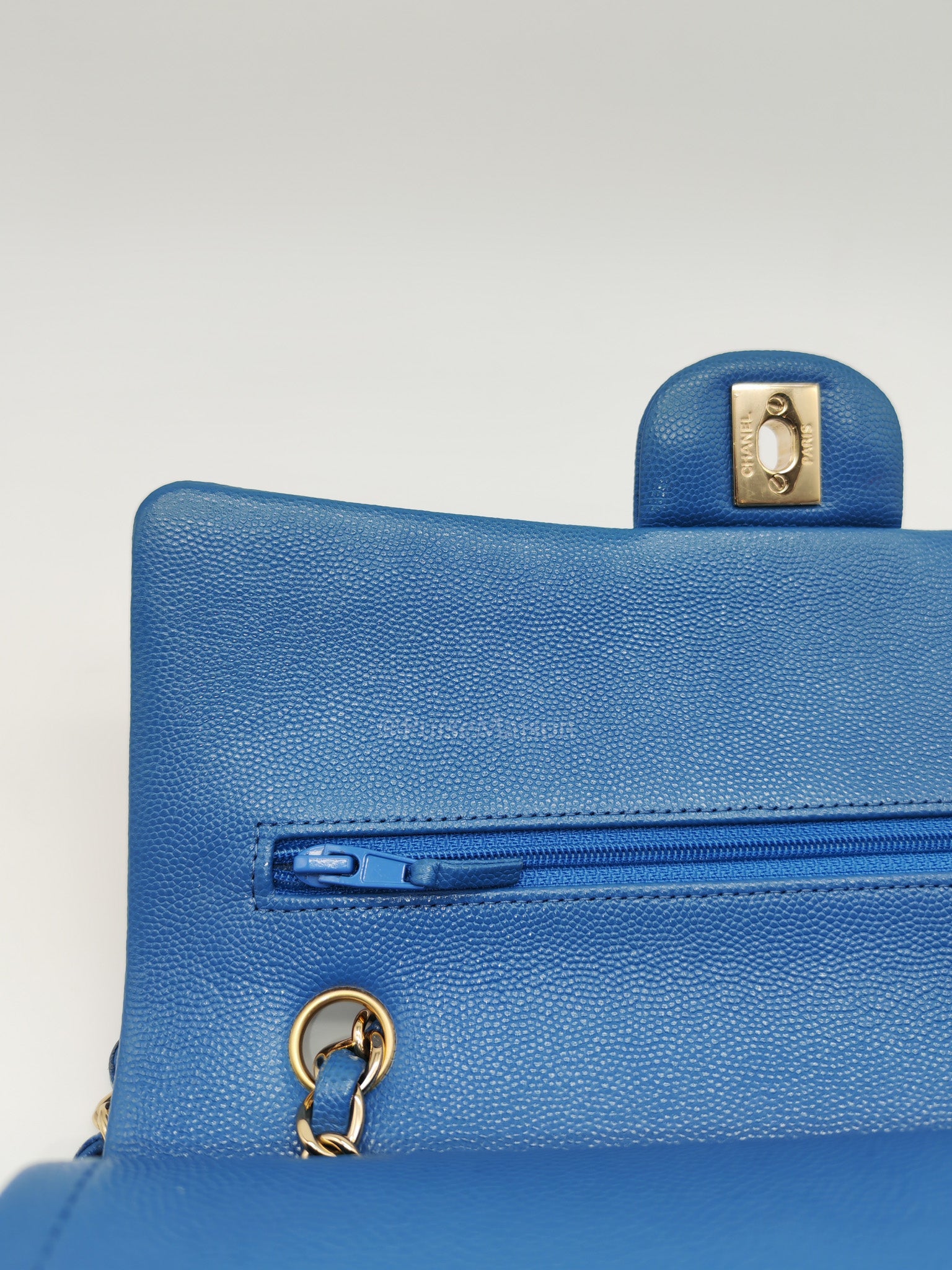 Classic Double Flap Medium in Blue Caviar Leather & Light Gold Hardware (Series 30) | Purse Maison Luxury Bags Shop