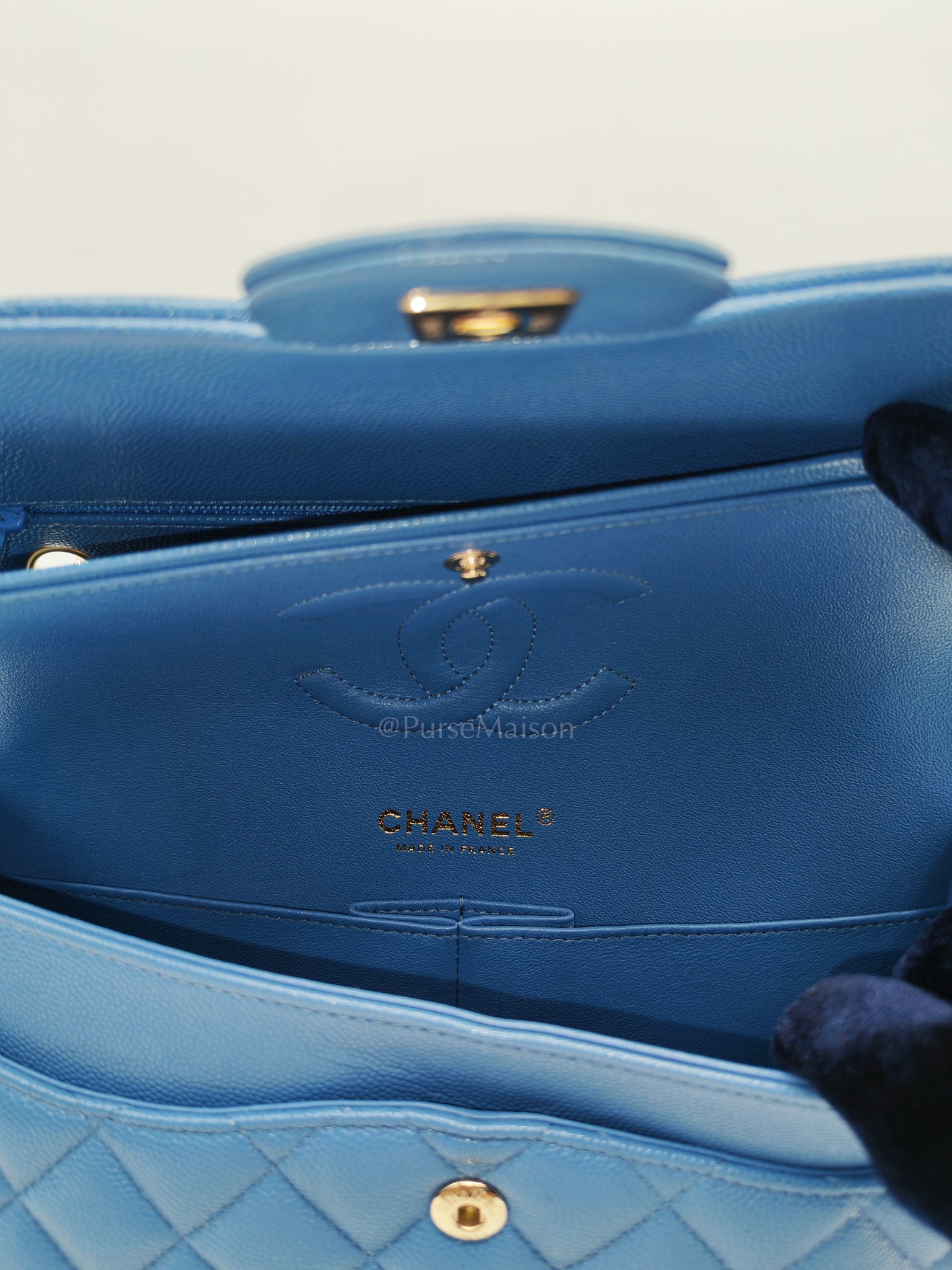 Classic Double Flap Medium in Blue Caviar Leather & Light Gold Hardware (Series 30) | Purse Maison Luxury Bags Shop