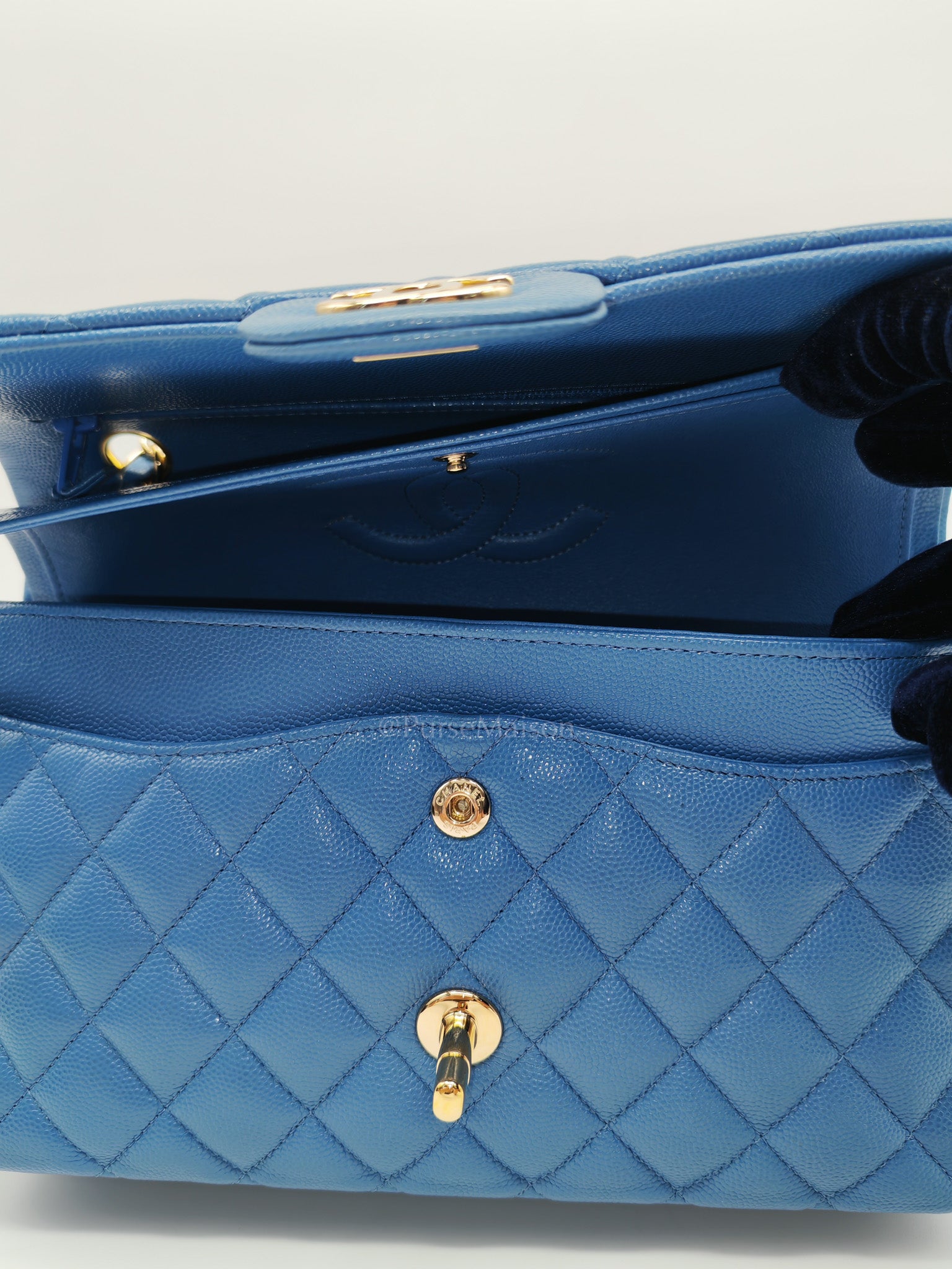 Classic Double Flap Medium in Blue Caviar Leather & Light Gold Hardware (Series 30) | Purse Maison Luxury Bags Shop