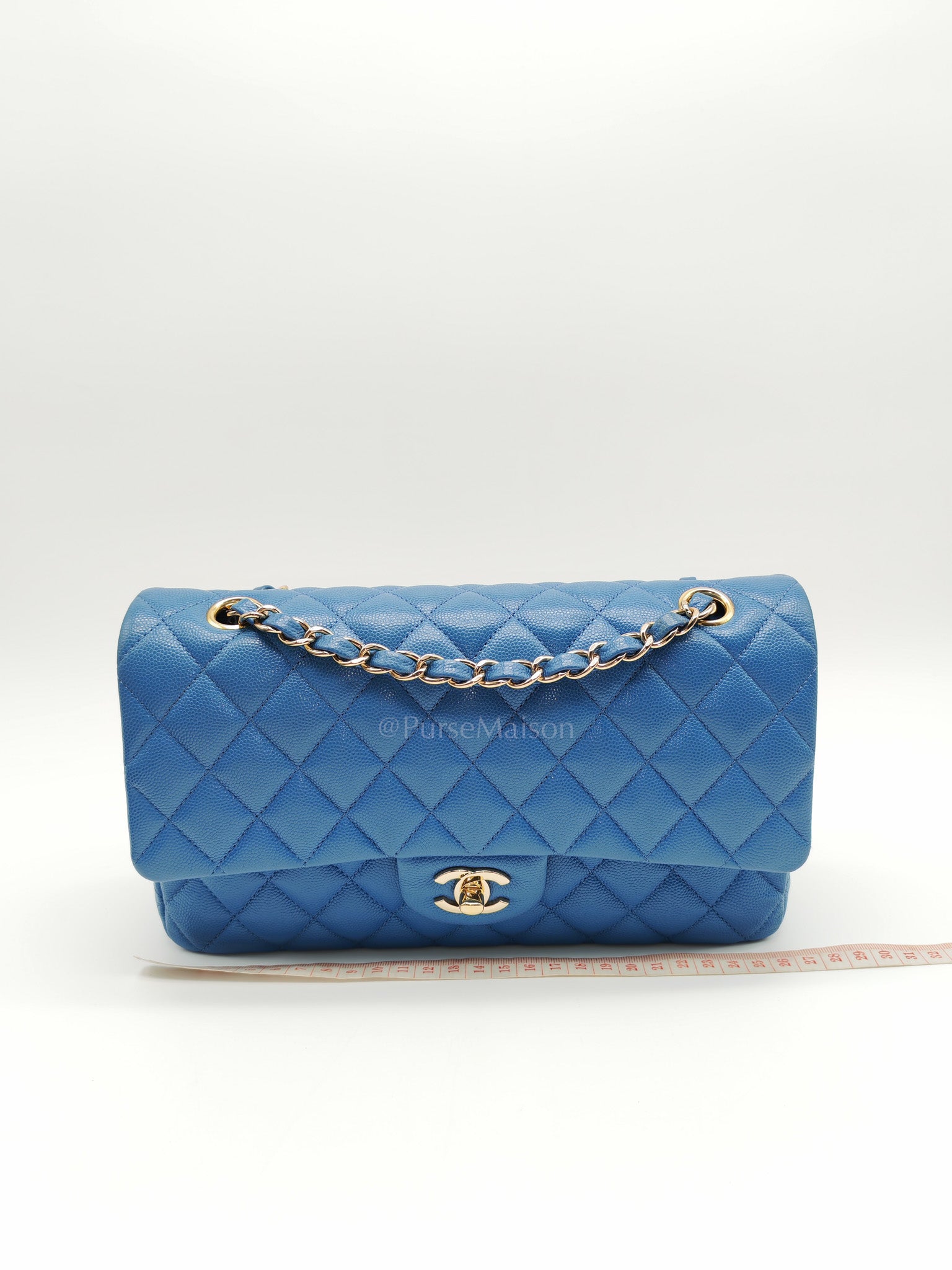 Classic Double Flap Medium in Blue Caviar Leather & Light Gold Hardware (Series 30) | Purse Maison Luxury Bags Shop