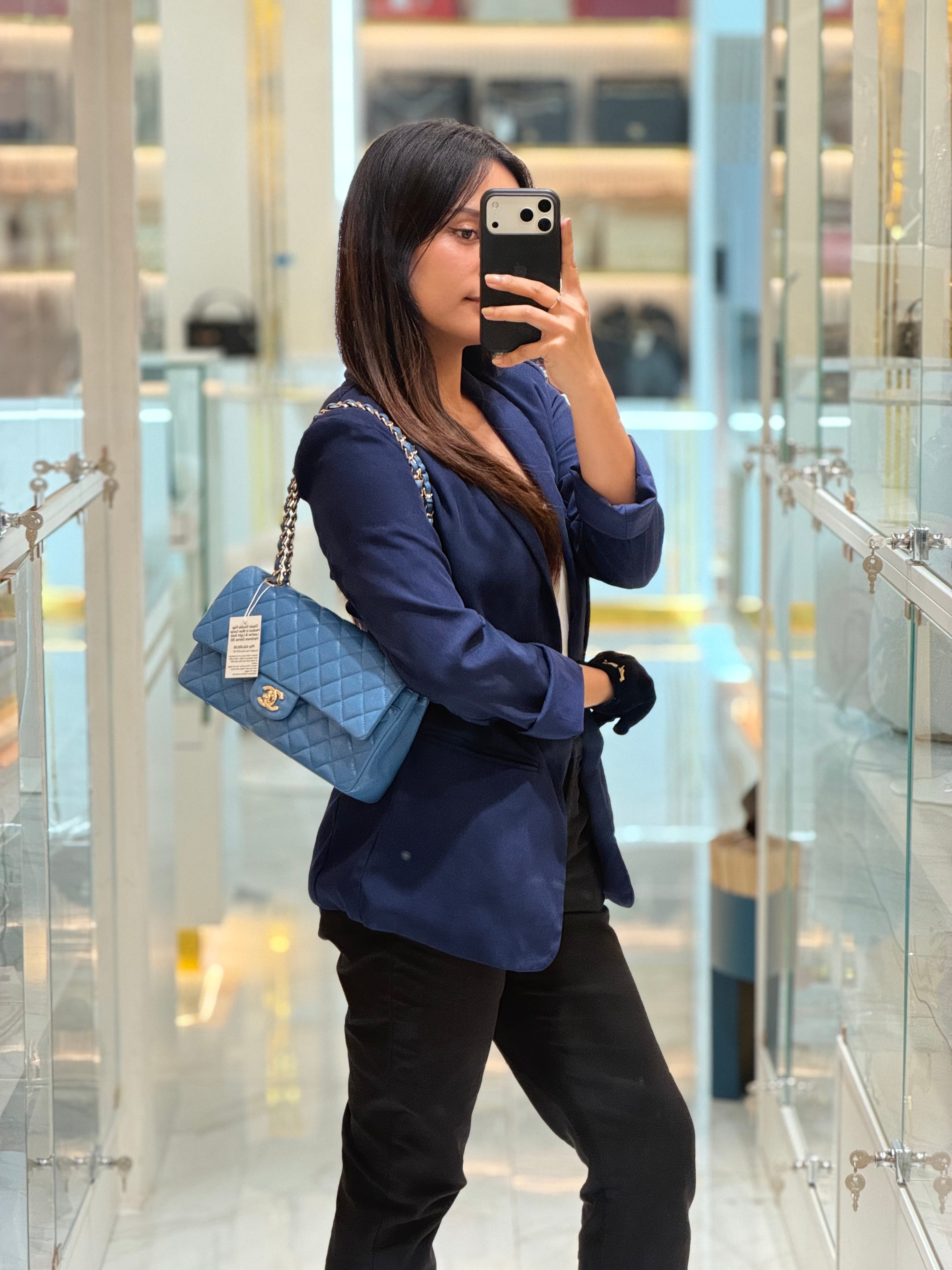 Classic Double Flap Medium in Blue Caviar Leather & Light Gold Hardware (Series 30) | Purse Maison Luxury Bags Shop