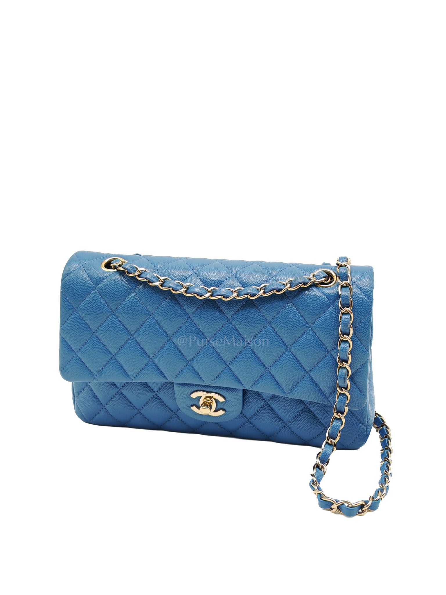 Classic Double Flap Medium in Blue Caviar Leather & Light Gold Hardware (Series 30) | Purse Maison Luxury Bags Shop