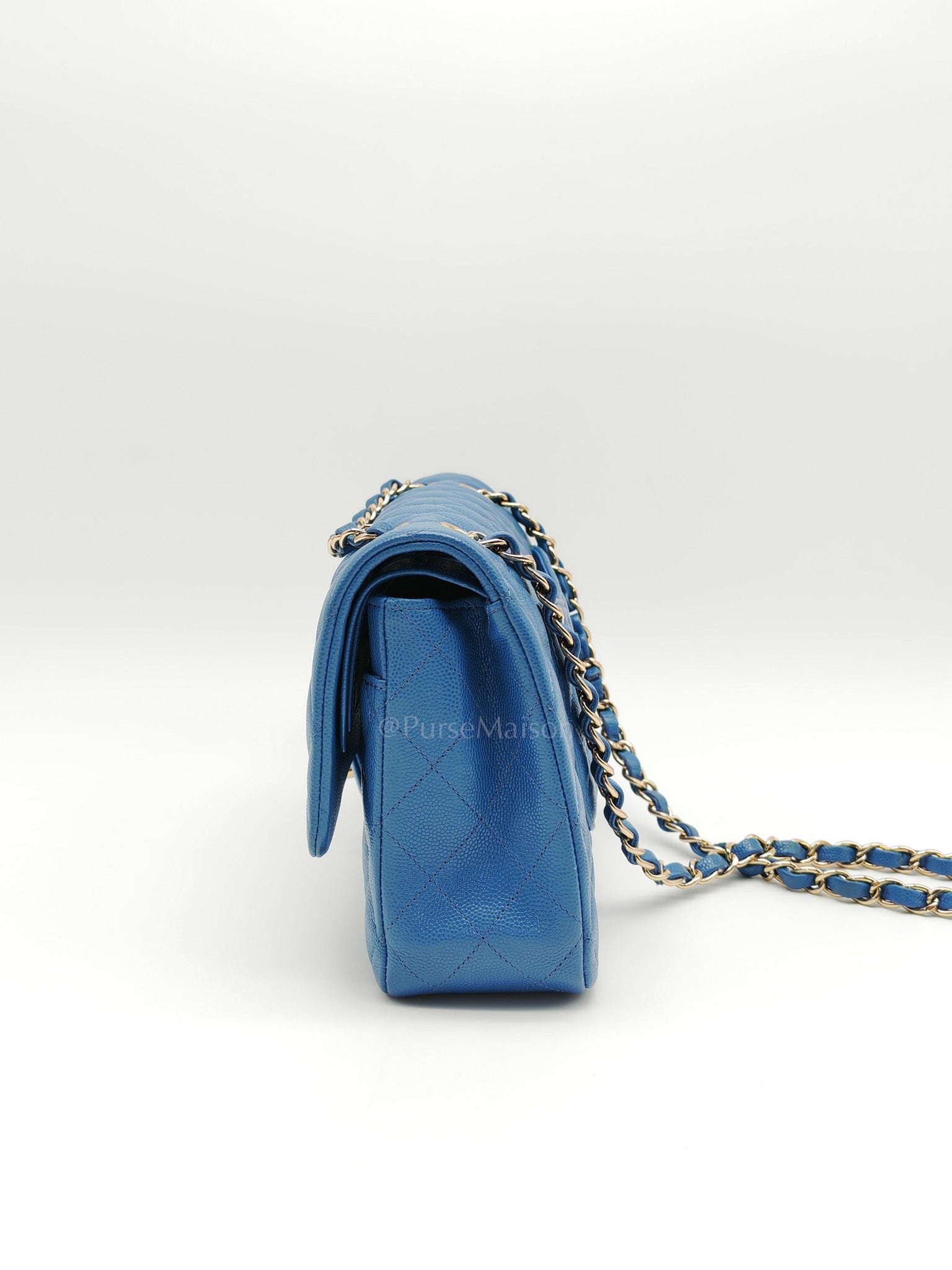 Classic Double Flap Medium in Blue Caviar Leather & Light Gold Hardware (Series 30) | Purse Maison Luxury Bags Shop