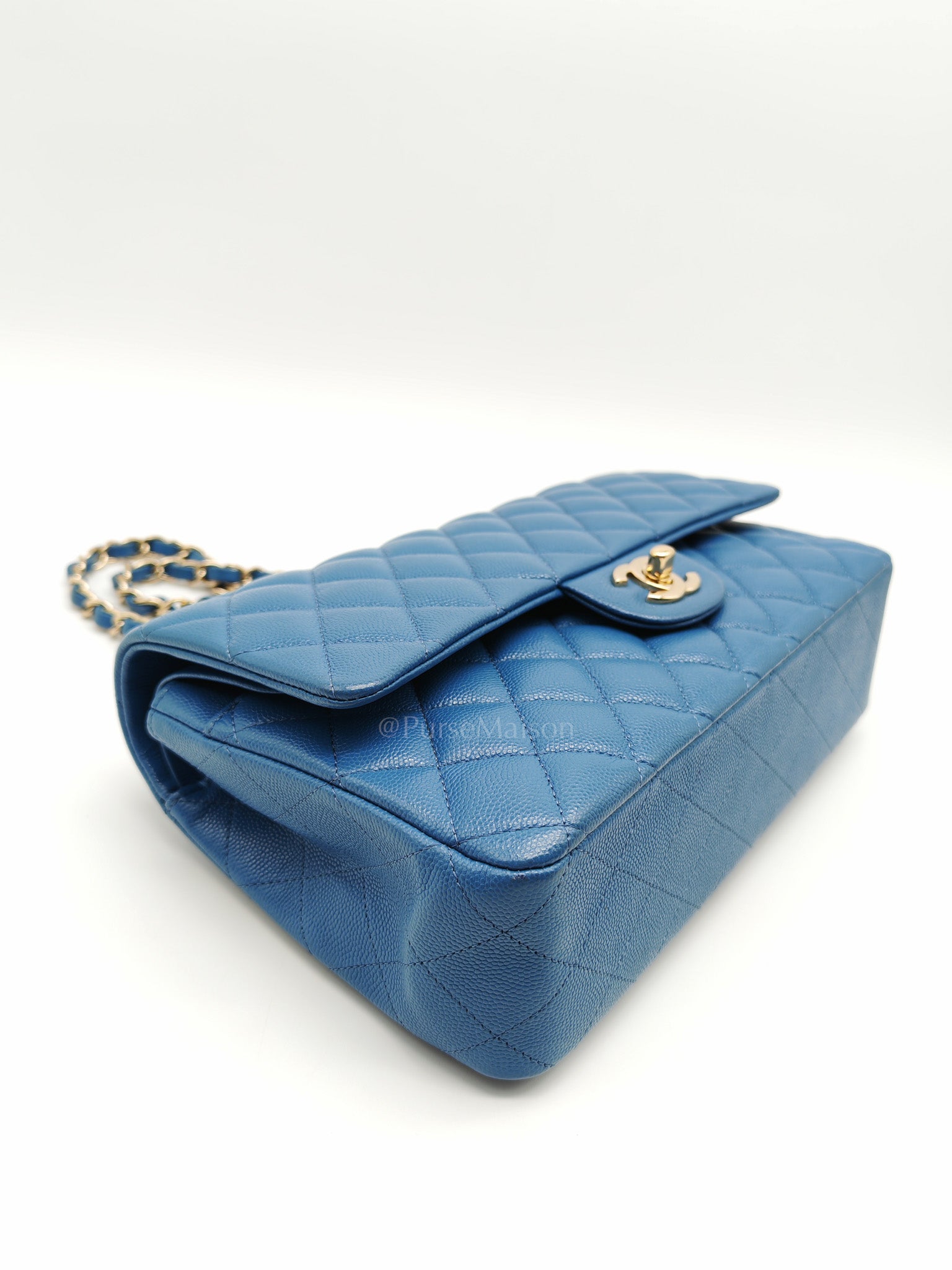 Classic Double Flap Medium in Blue Caviar Leather & Light Gold Hardware (Series 30) | Purse Maison Luxury Bags Shop