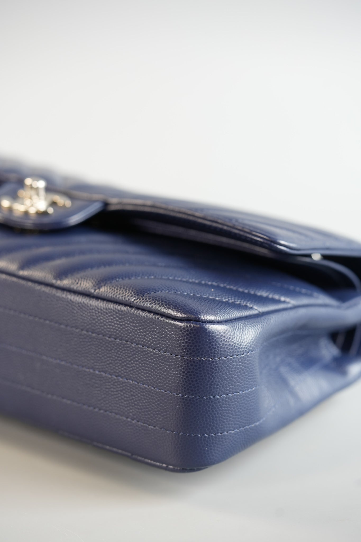 Classic Double Flap Medium in Blue Chevron Caviar Leather & Silver Hardware Series 22 | Purse Maison Luxury Bags Shop