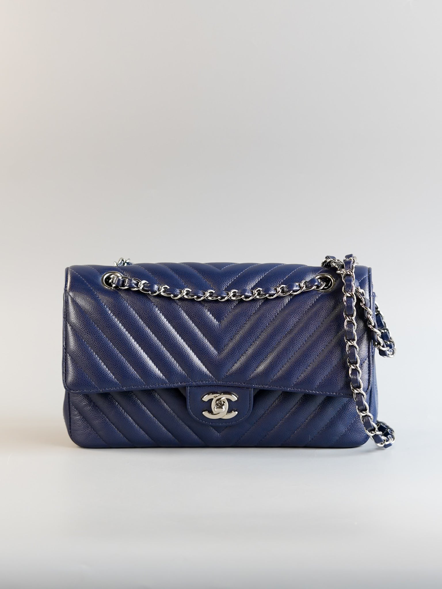 Classic Double Flap Medium in Blue Chevron Caviar Leather & Silver Hardware Series 22 | Purse Maison Luxury Bags Shop