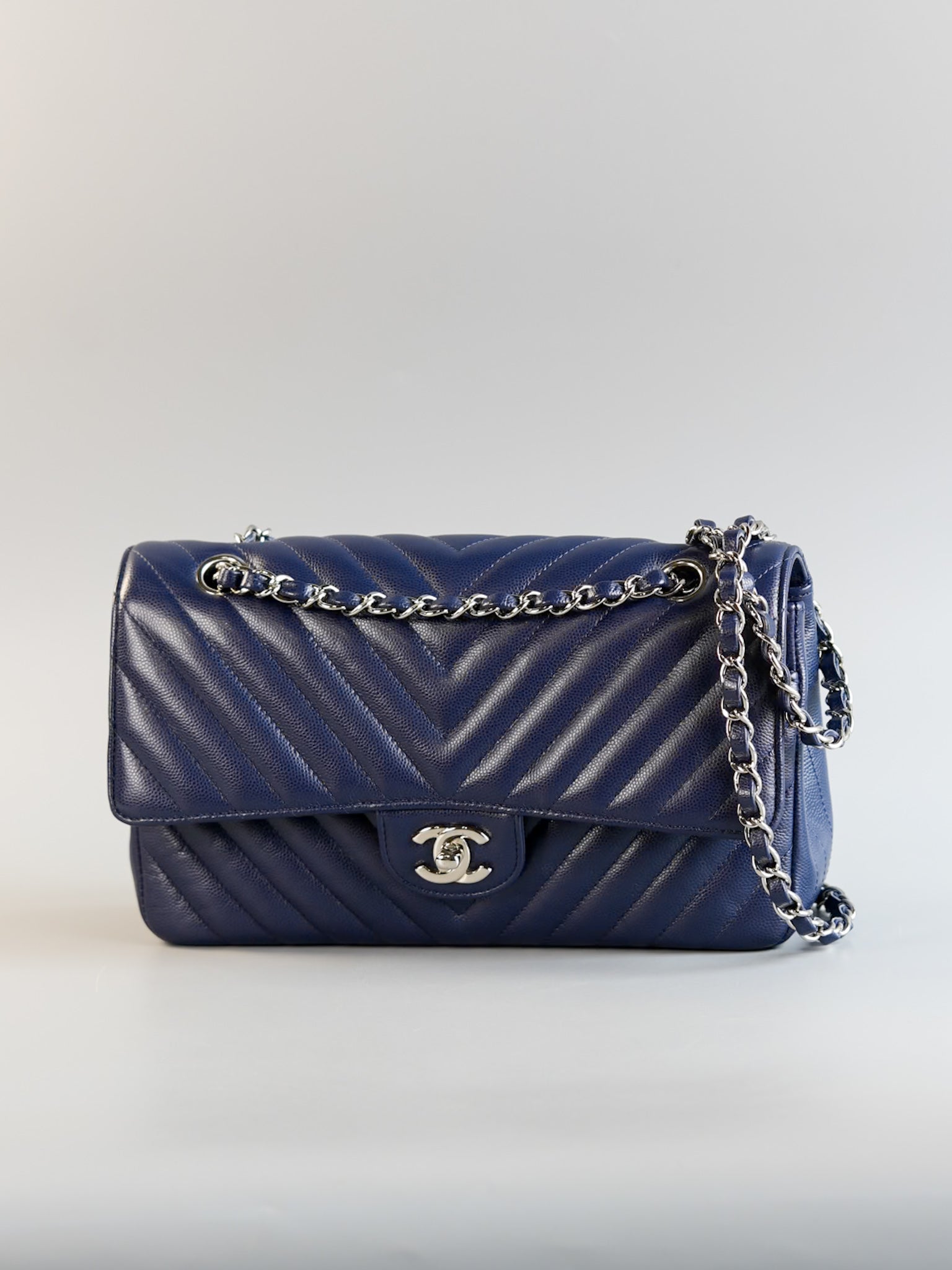 Classic Double Flap Medium in Blue Chevron Caviar Leather & Silver Hardware Series 22 | Purse Maison Luxury Bags Shop