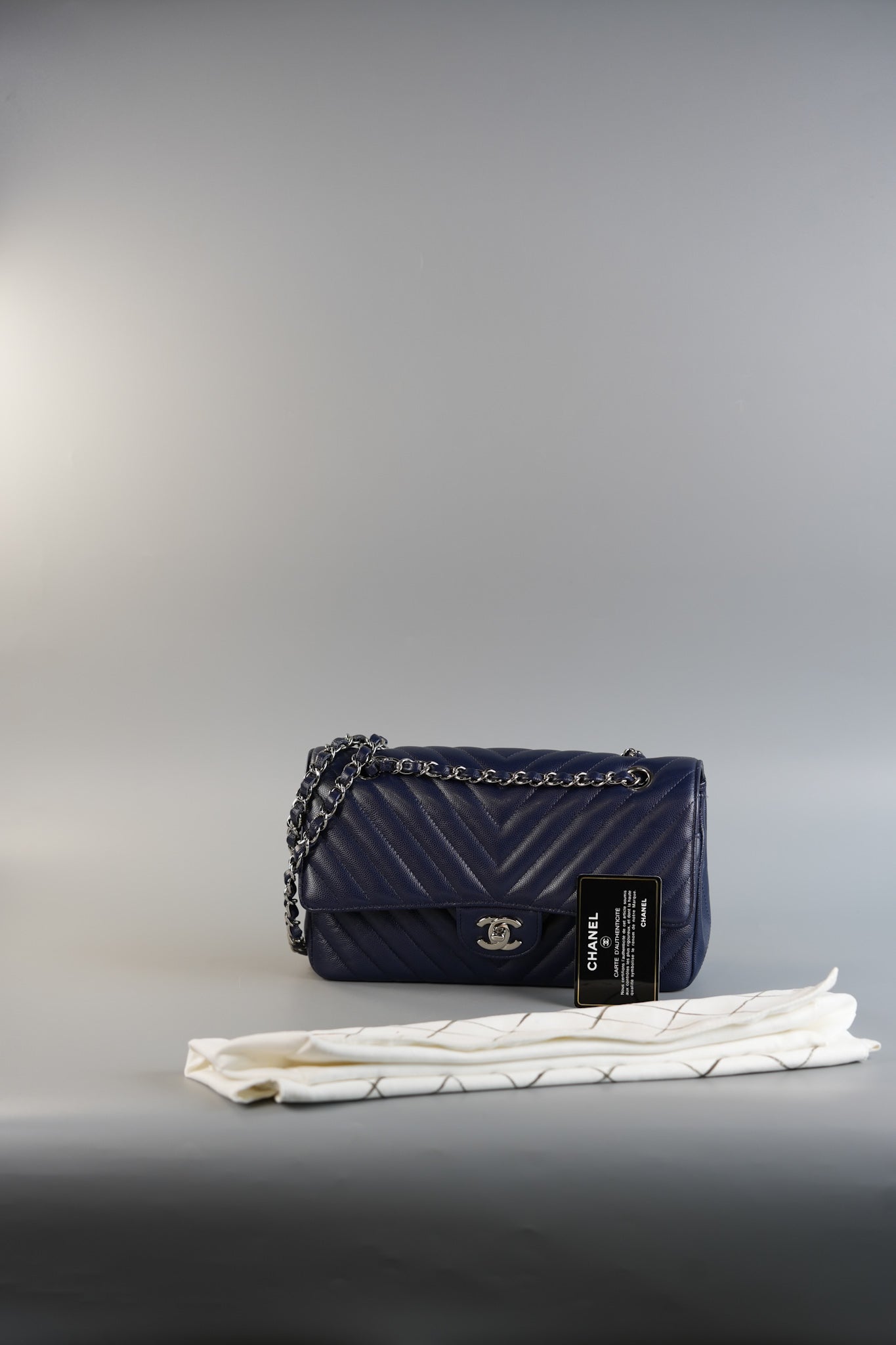 Classic Double Flap Medium in Blue Chevron Caviar Leather & Silver Hardware Series 22 | Purse Maison Luxury Bags Shop