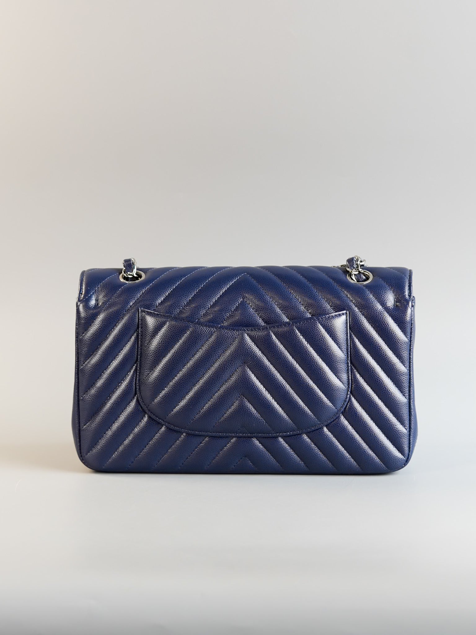 Classic Double Flap Medium in Blue Chevron Caviar Leather & Silver Hardware Series 22 | Purse Maison Luxury Bags Shop