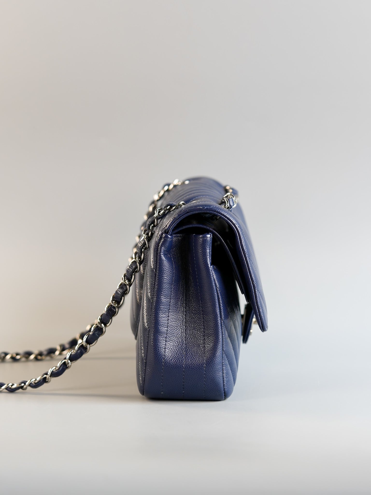 Classic Double Flap Medium in Blue Chevron Caviar Leather & Silver Hardware Series 22 | Purse Maison Luxury Bags Shop