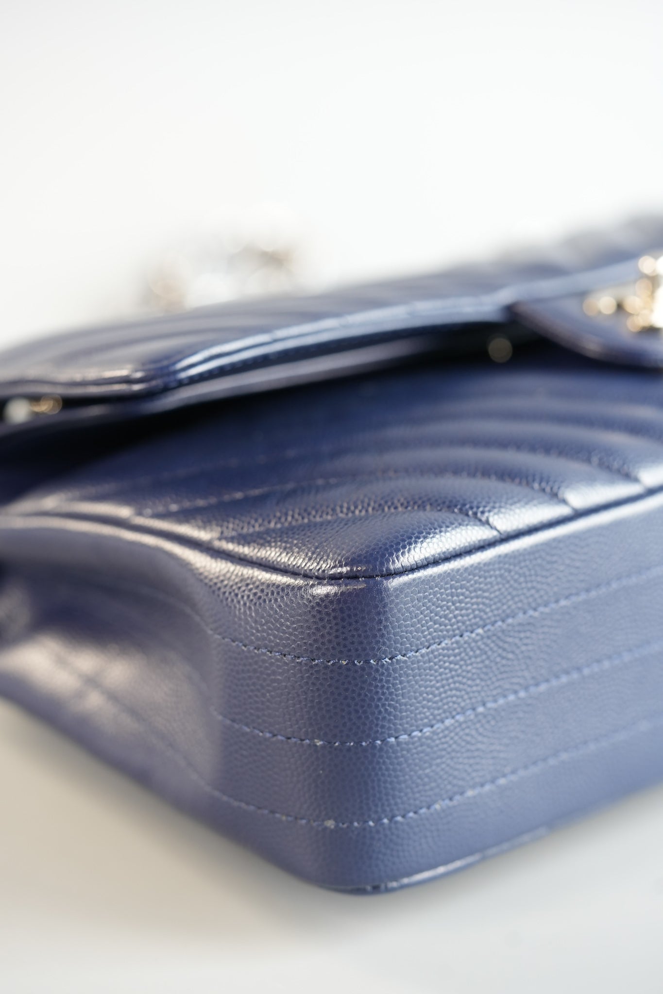 Classic Double Flap Medium in Blue Chevron Caviar Leather & Silver Hardware Series 22 | Purse Maison Luxury Bags Shop