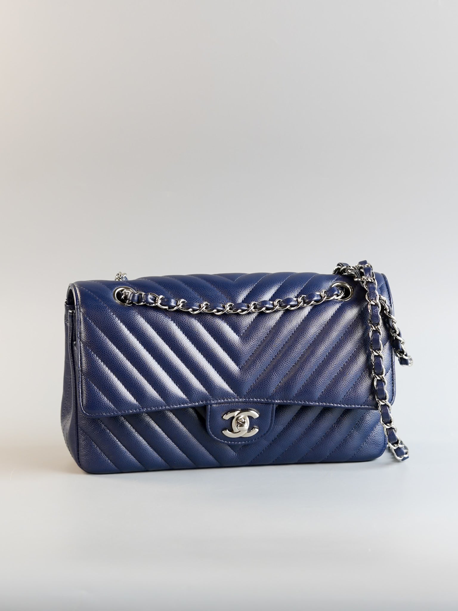 Classic Double Flap Medium in Blue Chevron Caviar Leather & Silver Hardware Series 22 | Purse Maison Luxury Bags Shop